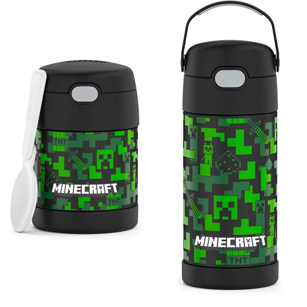 THERMOS FUNTAINER 10oz Stainless Steel Vacuum Insulated Kids Food Jar with Spoon & 12oz Straw Bottle | Minecraft Themed | Leakproof Lunch Box for School, Picnic & Outdoor Activities