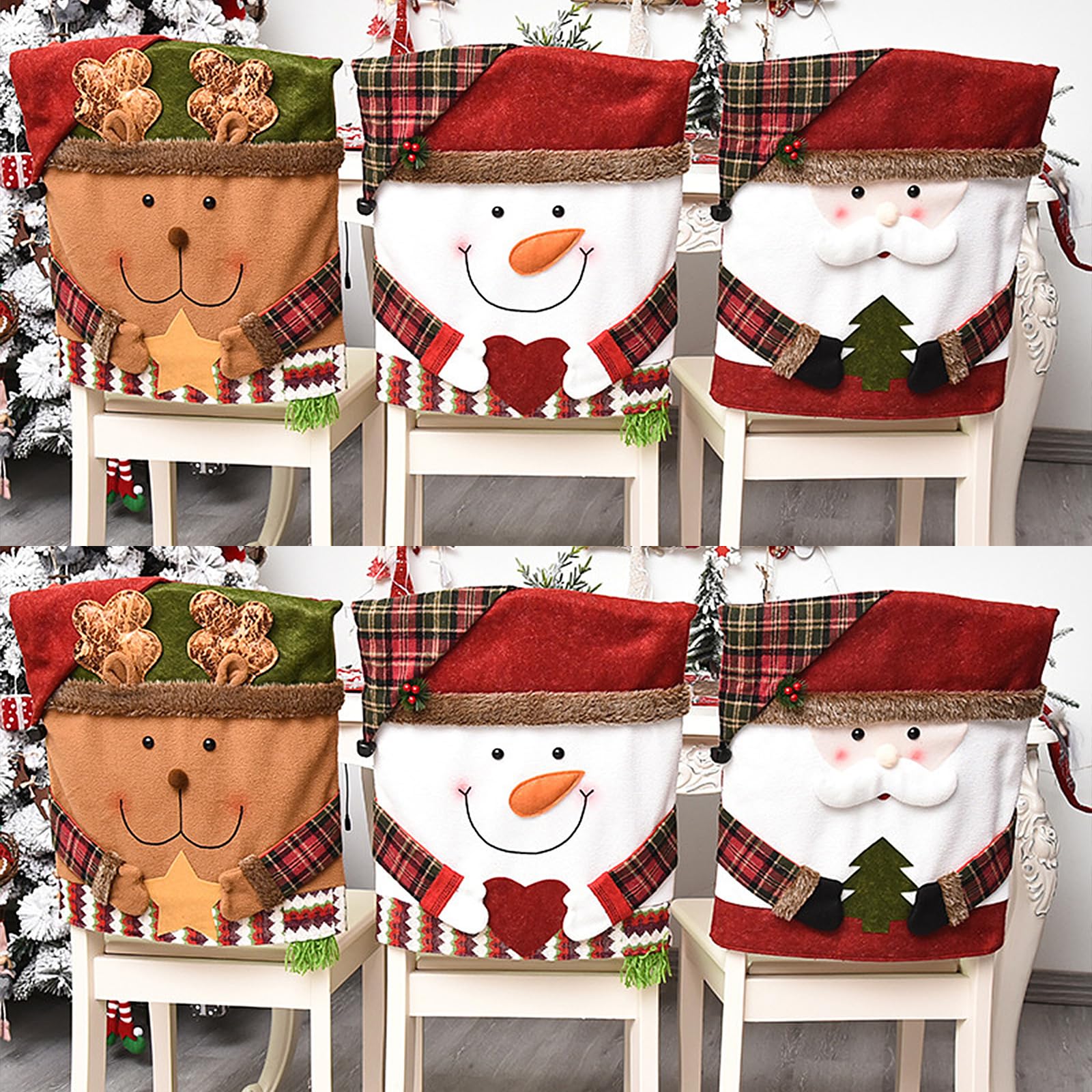 6 Pcs Christmas Chair Back Covers - Santa Claus Snowman Reindeer Holiday Dining Chair Slipcovers for Kitchen, Hotel & Party Decor | Perfect for Christmas Dinner, Holiday Gatherings & Festive Home Decoration