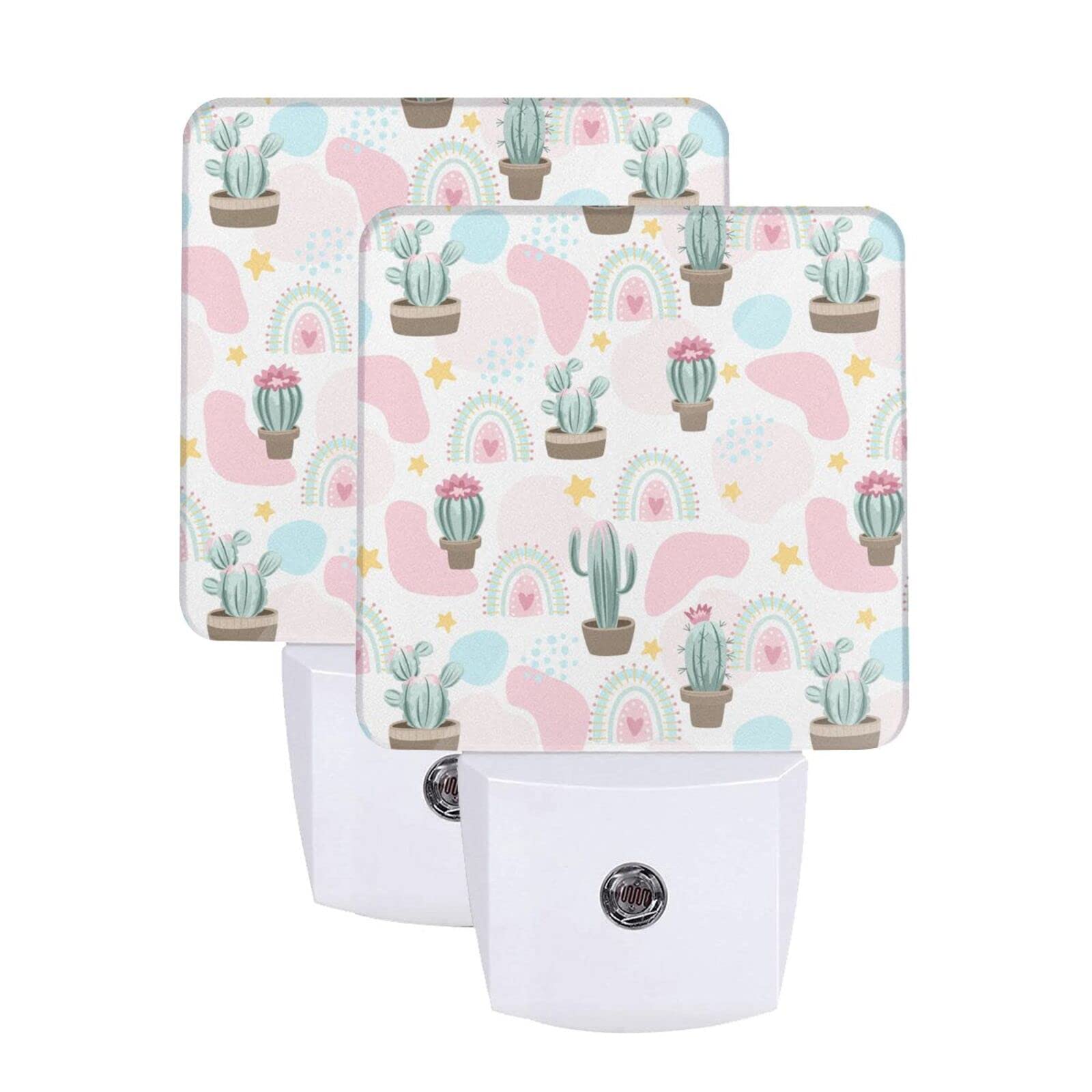 2 Pack Cute Cactus Cow Pattern LED Night Light with Auto Dusk to Dawn Sensor - Plug in Night Lamp for Kids & Adults - Perfect for Bedroom, Nursery, Hallway & Bathroom Decor