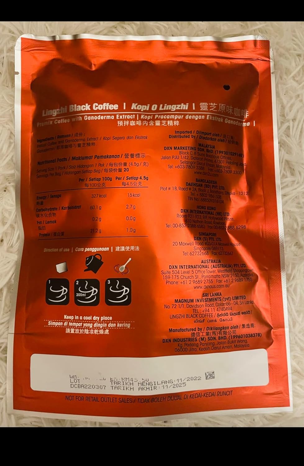 DXN Lingzhi Black Coffee 3-in-1 Instant Coffee Mix - Reishi Mushroom Energy Boost for Workouts, Office & Morning Routine