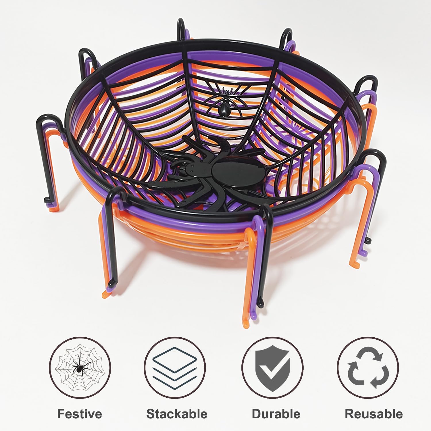 6 Pack Spider Halloween Candy Bowl - Large Plastic Trick or Treat Bowl Set for Porch Decor, Spooky Halloween Party Serving Dishes - Perfect for Candy Display, Treat Distribution & Halloween Decorations
