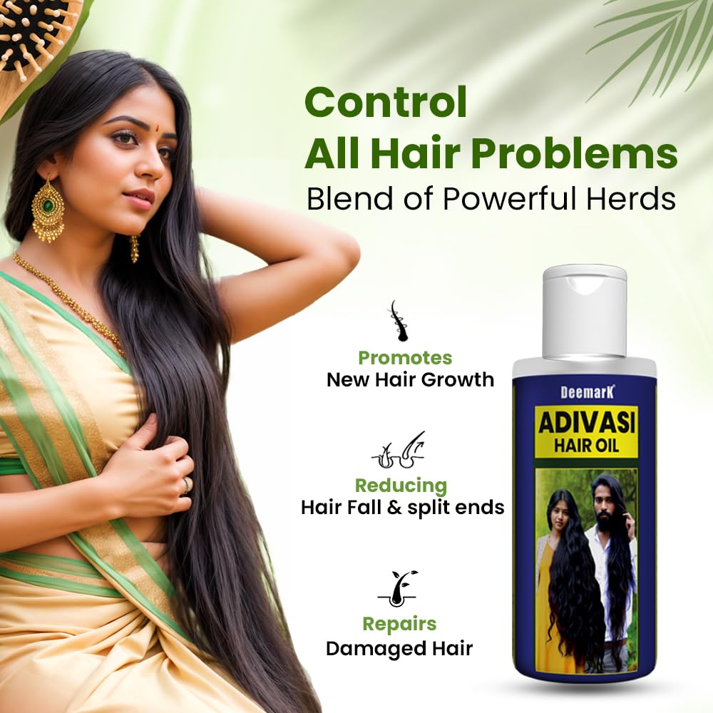 Deemark Adivasi Hair Oil - 100% Natural Non-Sticky Hair Growth Treatment for Men & Women - Suitable for All Hair Types (Pack of 3) | Daily Hair Care, Scalp Massage & Frizz Control