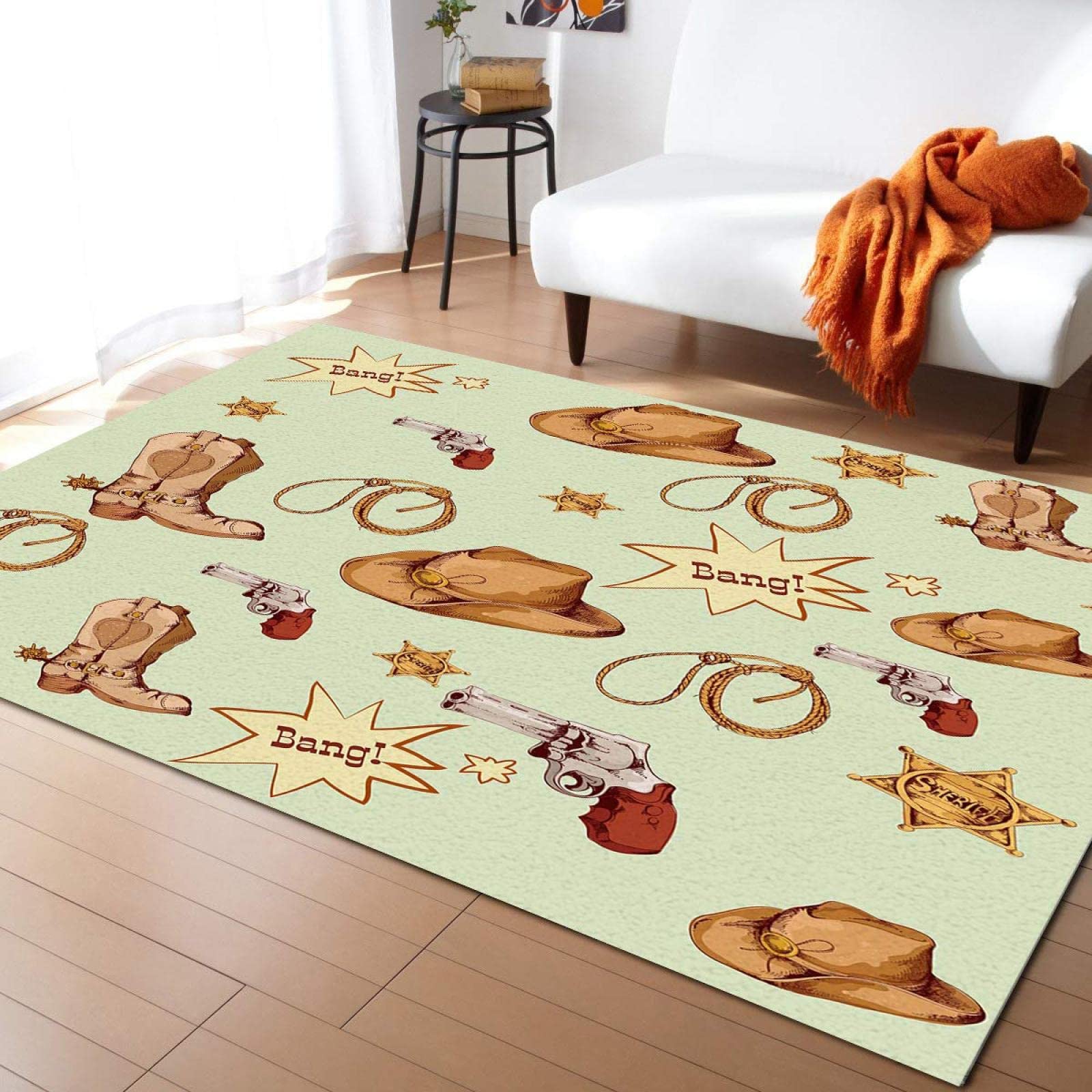 Western Cowboy Boots & Hat Area Rug - Vintage Ranch Style Washable Non-Slip Carpet for Kids Bedroom, Living Room, Dining Room (6x4 Feet) | Perfect for Western Decor, Cowboy Themed Rooms & Country Home Design