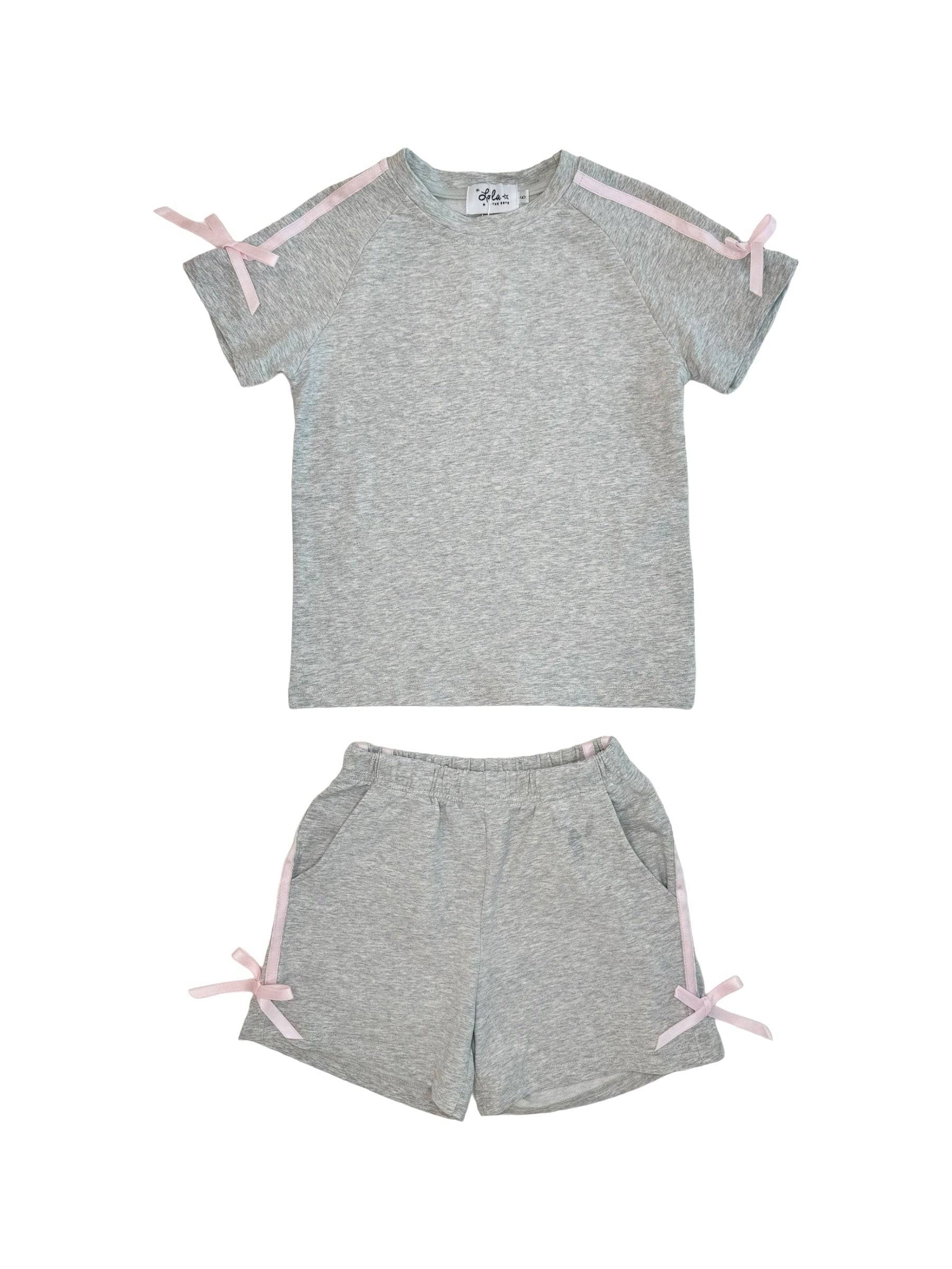 Lola & The Boys Girls' Sporty Bow Short Set - Casual Gray Athletic Outfit for Playdates, Gym & Summer Activities