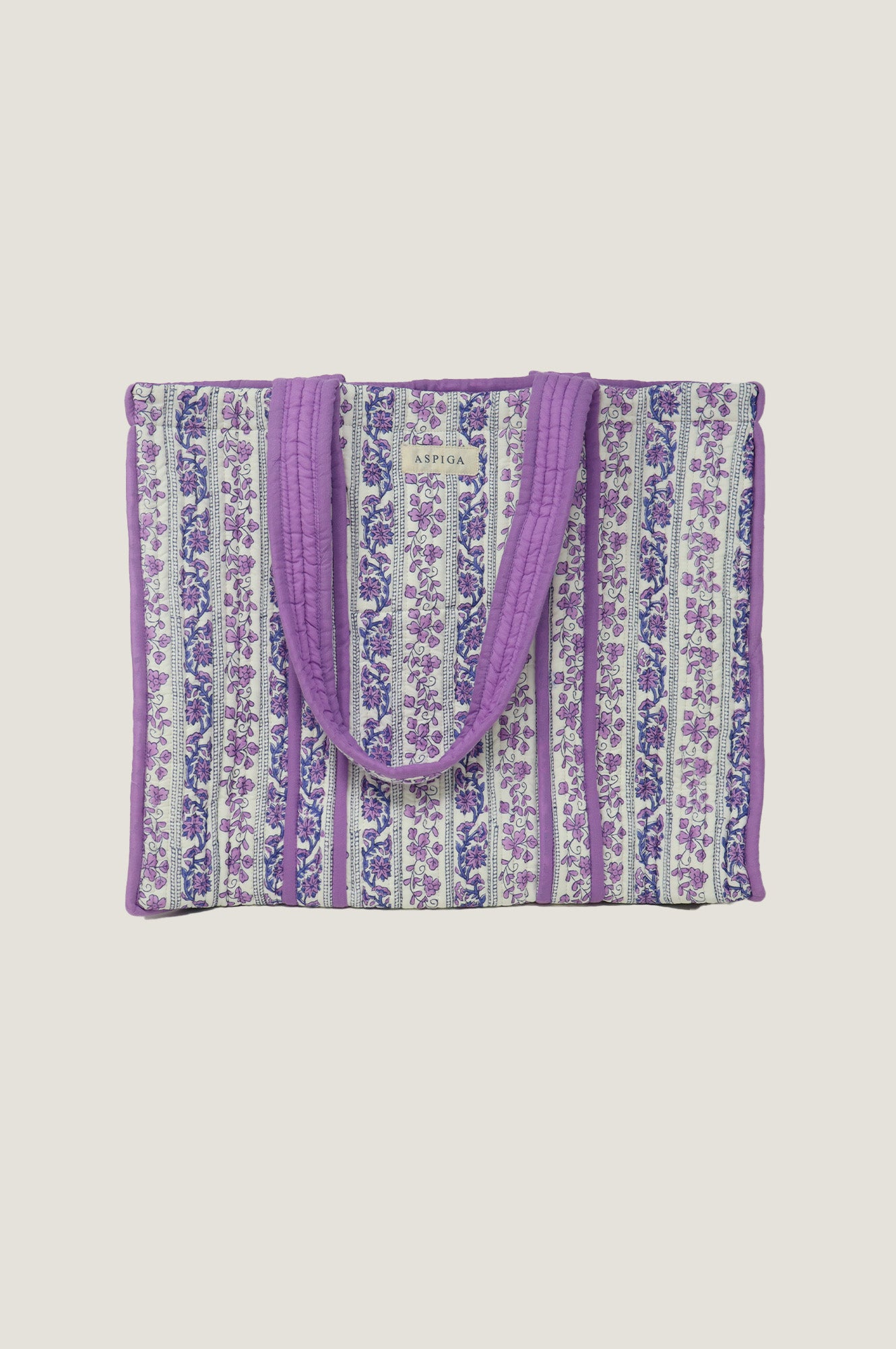 Quilted Block Print Tote Bag for Women - Linear Botanical Blue Purple Cotton Shoulder Bag - Perfect for Shopping, Beach, Work & Travel