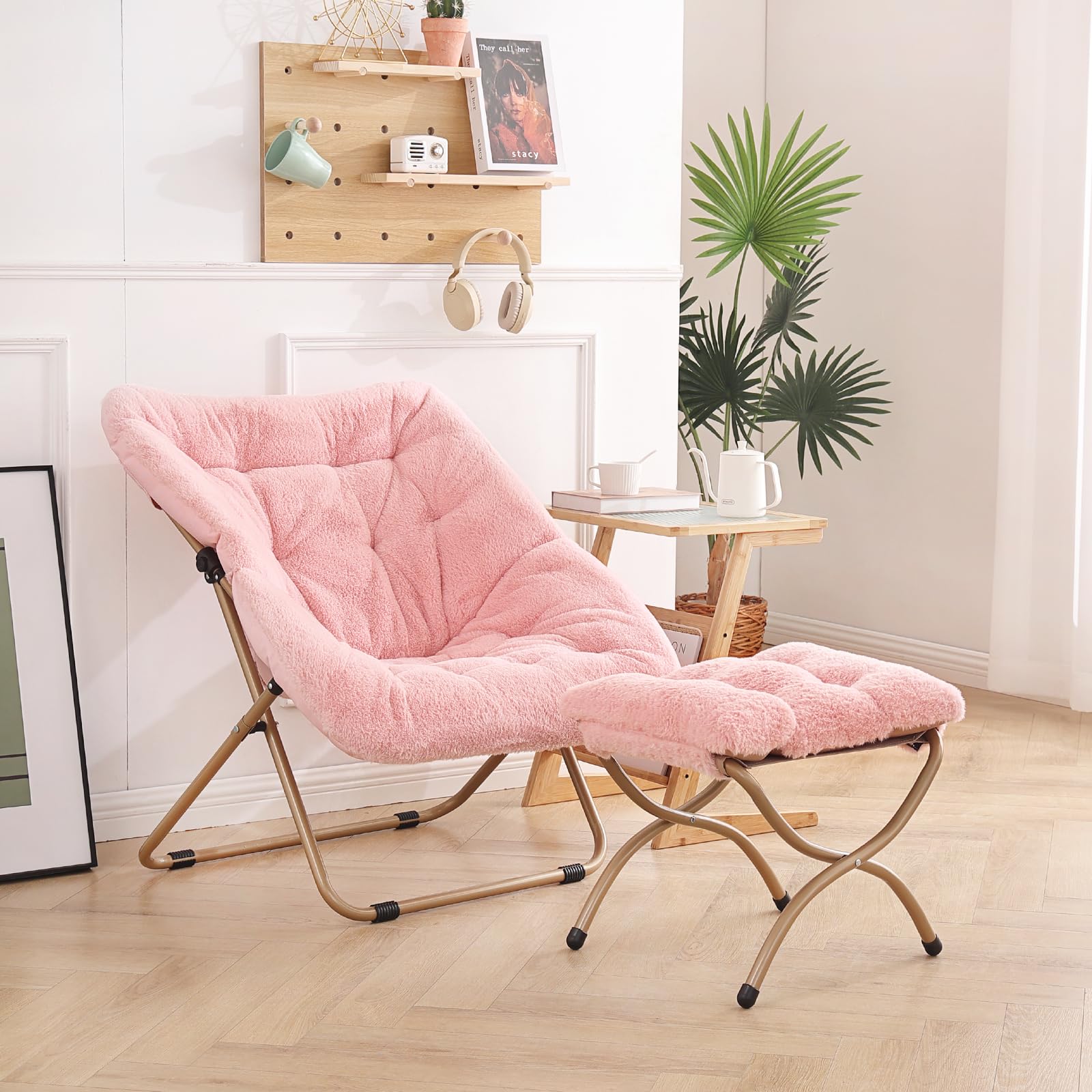 Extra Large Soft Saucer Chair with Ottoman - Oversized Folding Faux Fur Accent Chair, Foldable Metal Frame Lounge Chair for Bedroom, Living Room & Dorm (Pink) - Perfect for Relaxing, Reading & Small Space Decor