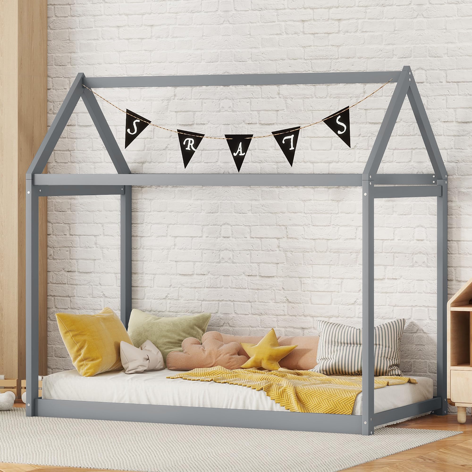 P PURLOVE Twin Size Wooden House Bed Frame - Kids Play Tent Bed for Girls & Boys | Fun Bedroom Decor for Children's Room & Playhouse Adventures