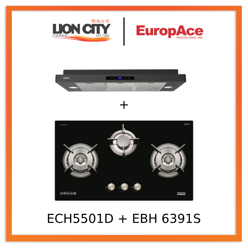 Europace ECH5501DBK 90cm Slimline Range Hood + EBH 6391S 3-Burner 90cm Gas Cooktop with Schott Glass - Modern Kitchen Appliance Set for Home Cooking & Ventilation