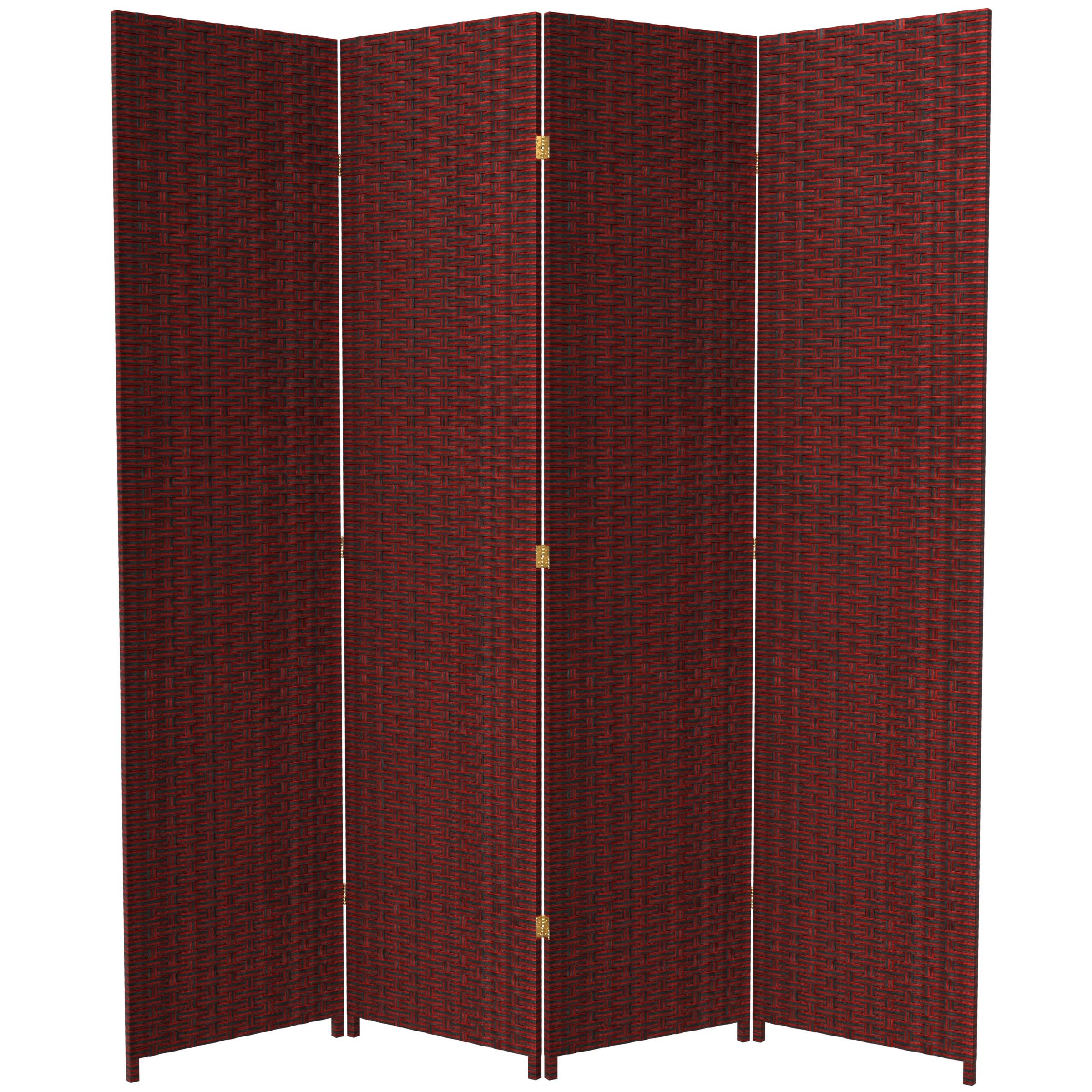 7 ft Tall Red and Black Woven Fiber Room Divider - 4 Panel Folding Privacy Screen for Home, Office, or Outdoor Use