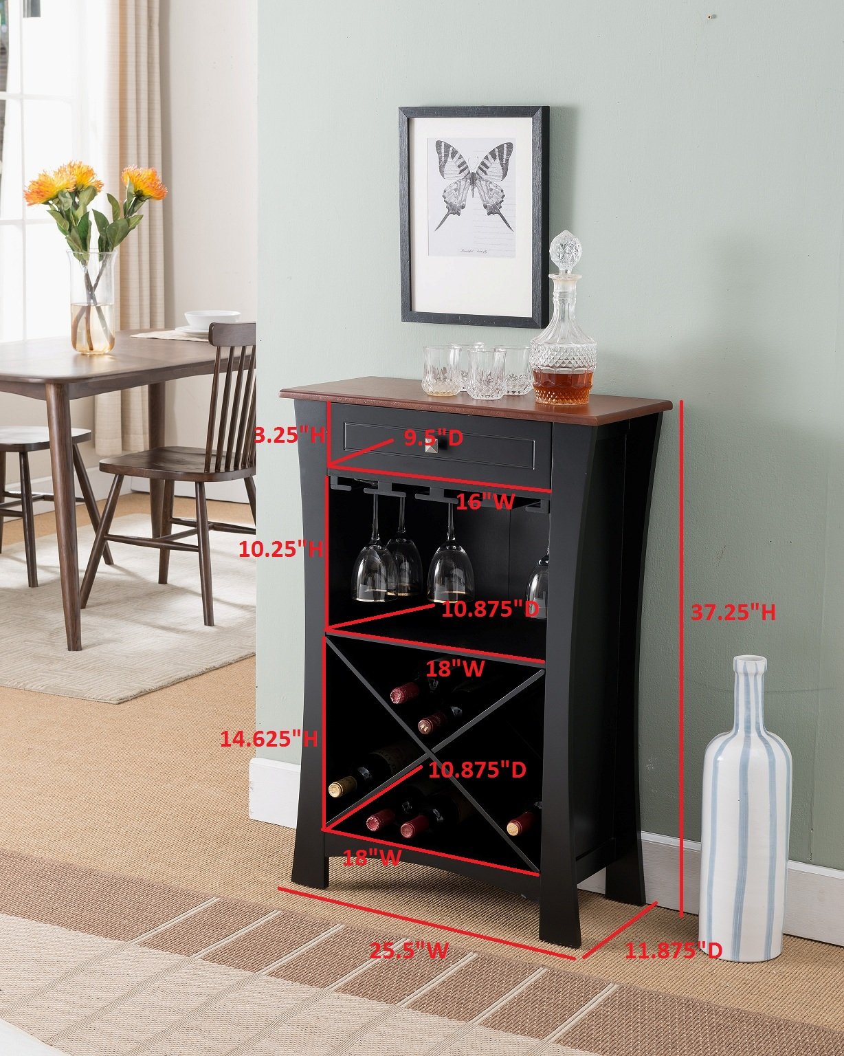 Hiland Bar Cabinet with Wine Storage, Glass Holders & Drawer - Black | Modern Home Bar Furniture for Living Room, Dining Room or Man Cave