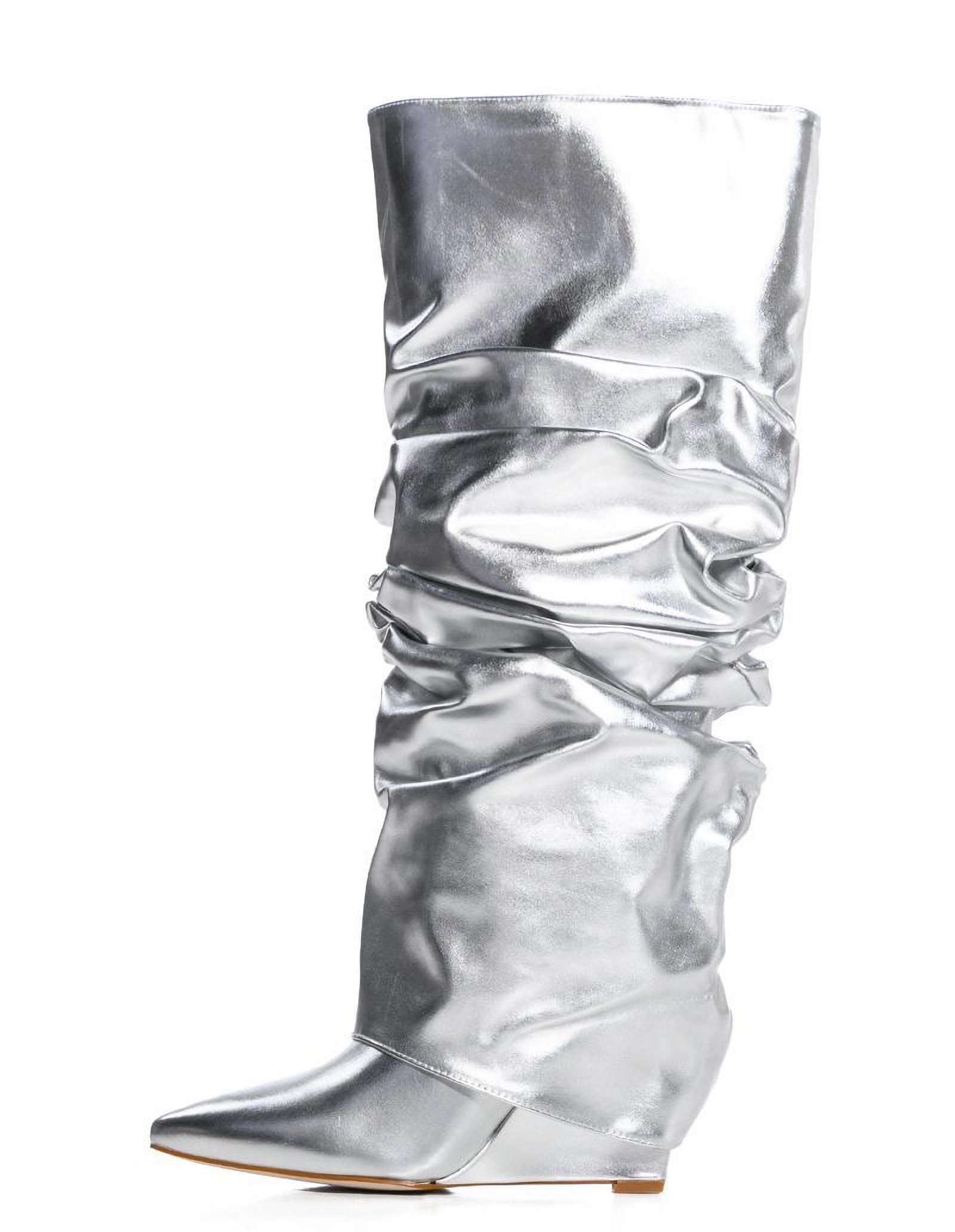 Women's Fold Over Ruched Slouchy Pleated Knee High Shark Boots with Wedge Heel & Pointed Toe - Pull On Wide Calf Boots for Casual Outfits, Date Nights & Winter Fashion
