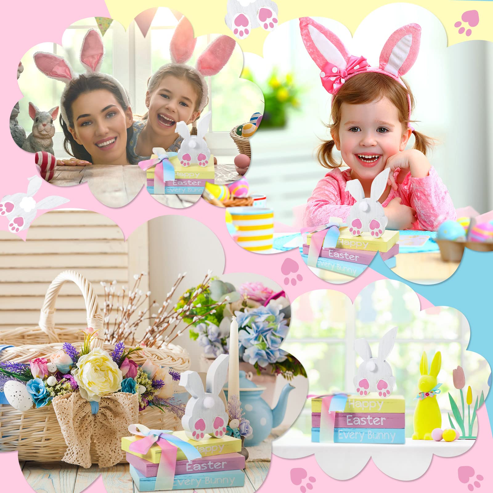 4-Piece Easter Table Decor Set - Happy Easter Bunny Wooden Signs, Farmhouse Wooden Blocks, Rustic Spring Decor for Tiered Trays, Fireplace & Living Room - Perfect for Easter Party, Home & Farmhouse Decorations