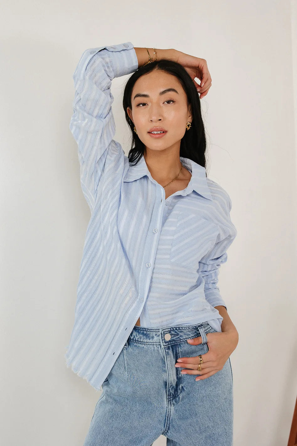 Blue Nyah Striped Button-Up Shirt for Women | Casual & Office Wear | Final Sale