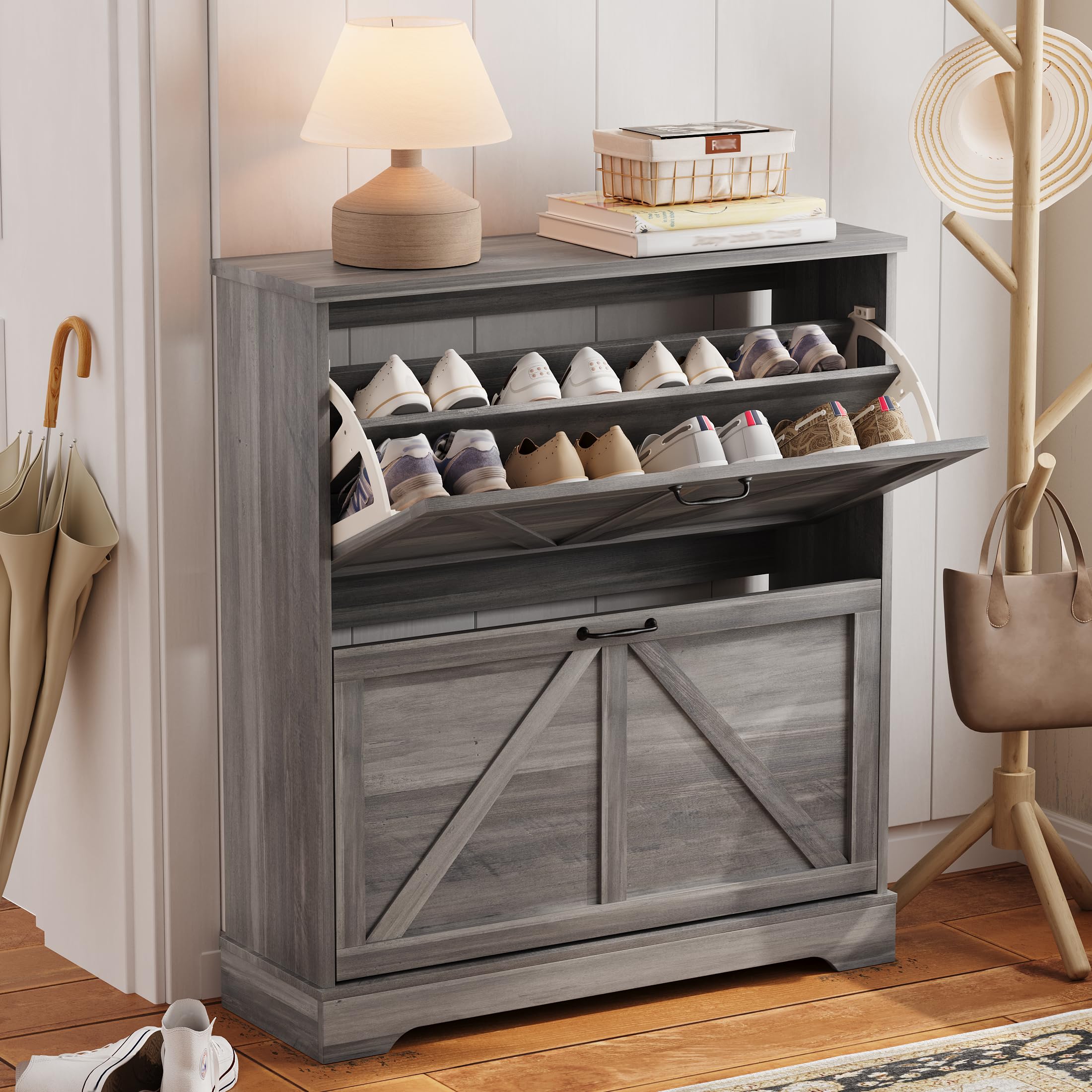 Semiocthome Farmhouse Shoe Storage Cabinet with 2 Flip Drawers - 31.5