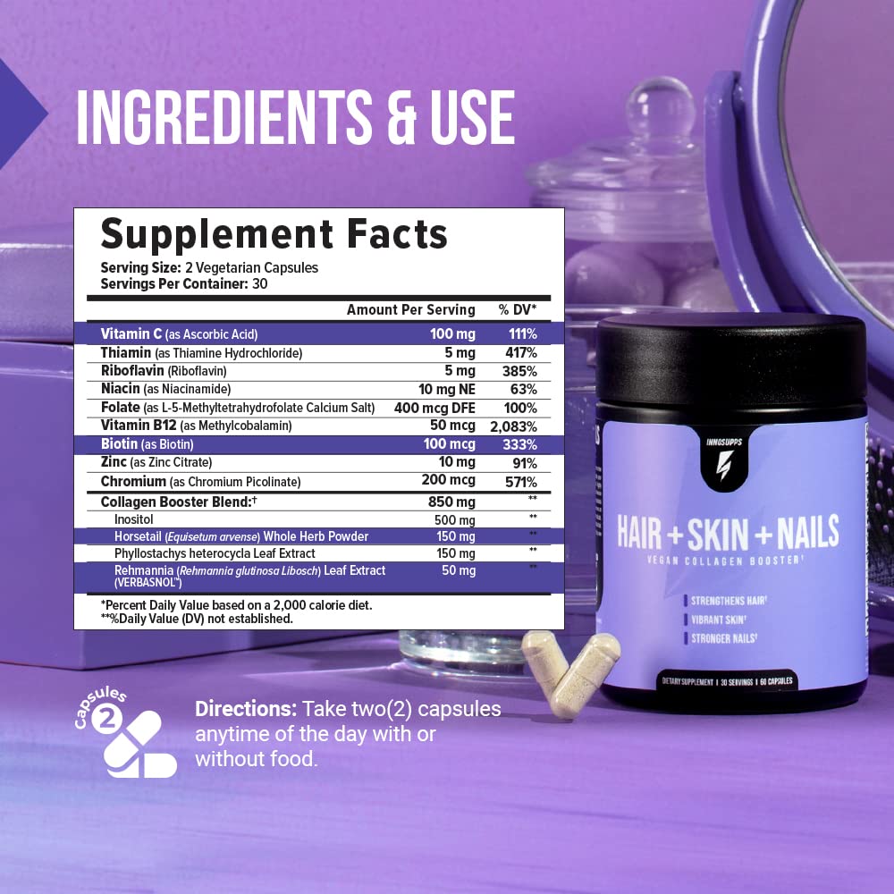 InnoSupps Vegan Collagen Booster Supplement for Hair, Skin & Nails - Biotin, B12 & Horsetail Herb Powder - Promotes Hair Growth, Skin Revitalization & Stronger Nails - 60 Capsules - Perfect for Daily Beauty & Wellness Routine