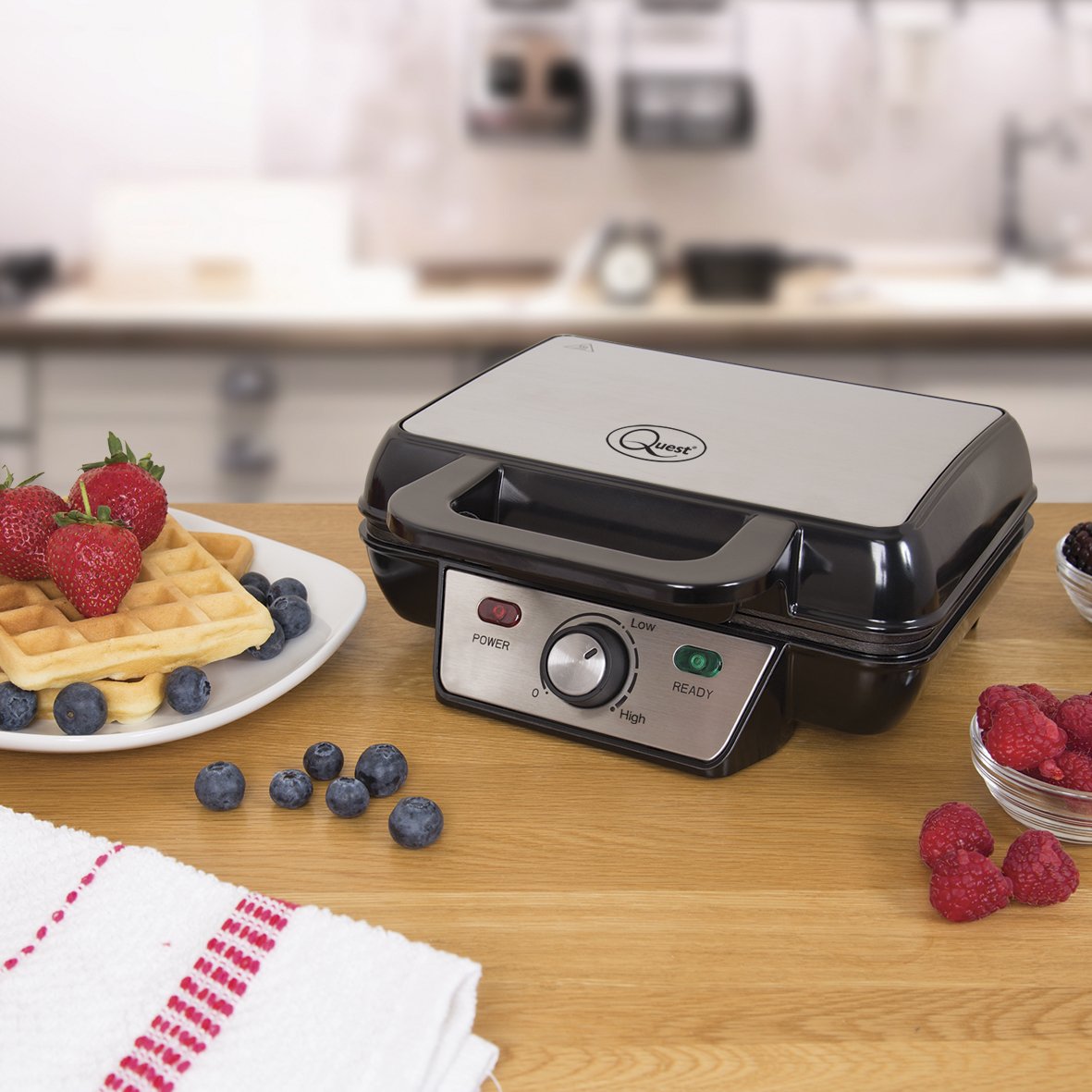 Quest 35950 2-Slice Deep Fill Waffle Maker - Non-Stick Hot Plates, Adjustable Temperature, Stainless Steel with Cool-Touch Handle, 1000W - Perfect for Breakfast, Brunch & Family Gatherings