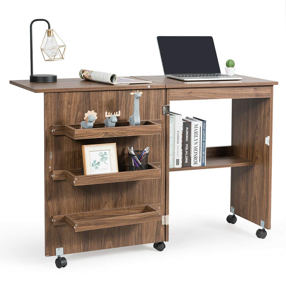 HPW Brown Foldable Sewing & Computer Desk with 3 Storage Bins & Extra Shelf | Modern Space-Saving Design 47x16x31.5 Inches | Perfect for Home Office, Craft Room & Small Spaces