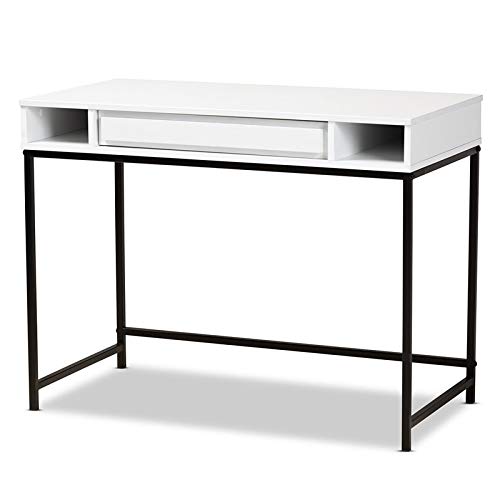 BOWERY HILL Modern White Wood & Black Metal 1-Drawer Writing Desk - Stylish Home Office Furniture for Small Spaces & Dorm Rooms