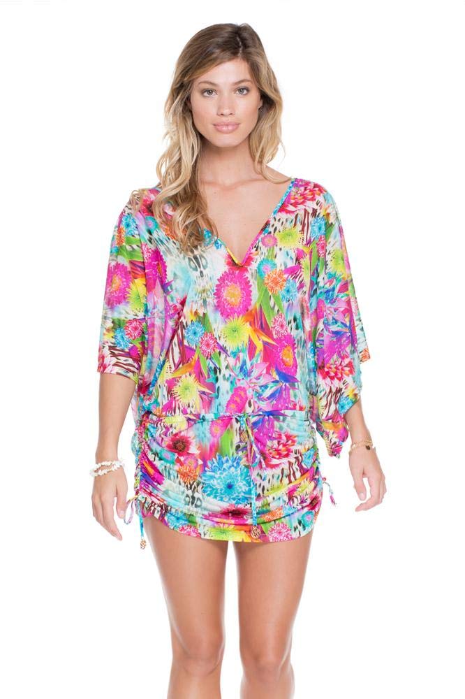 Luli Fama Women's Summer Floral Dress - Sexy Bodycon Midi Dress with V-Neck & Side Slit for Beach, Party & Date Night