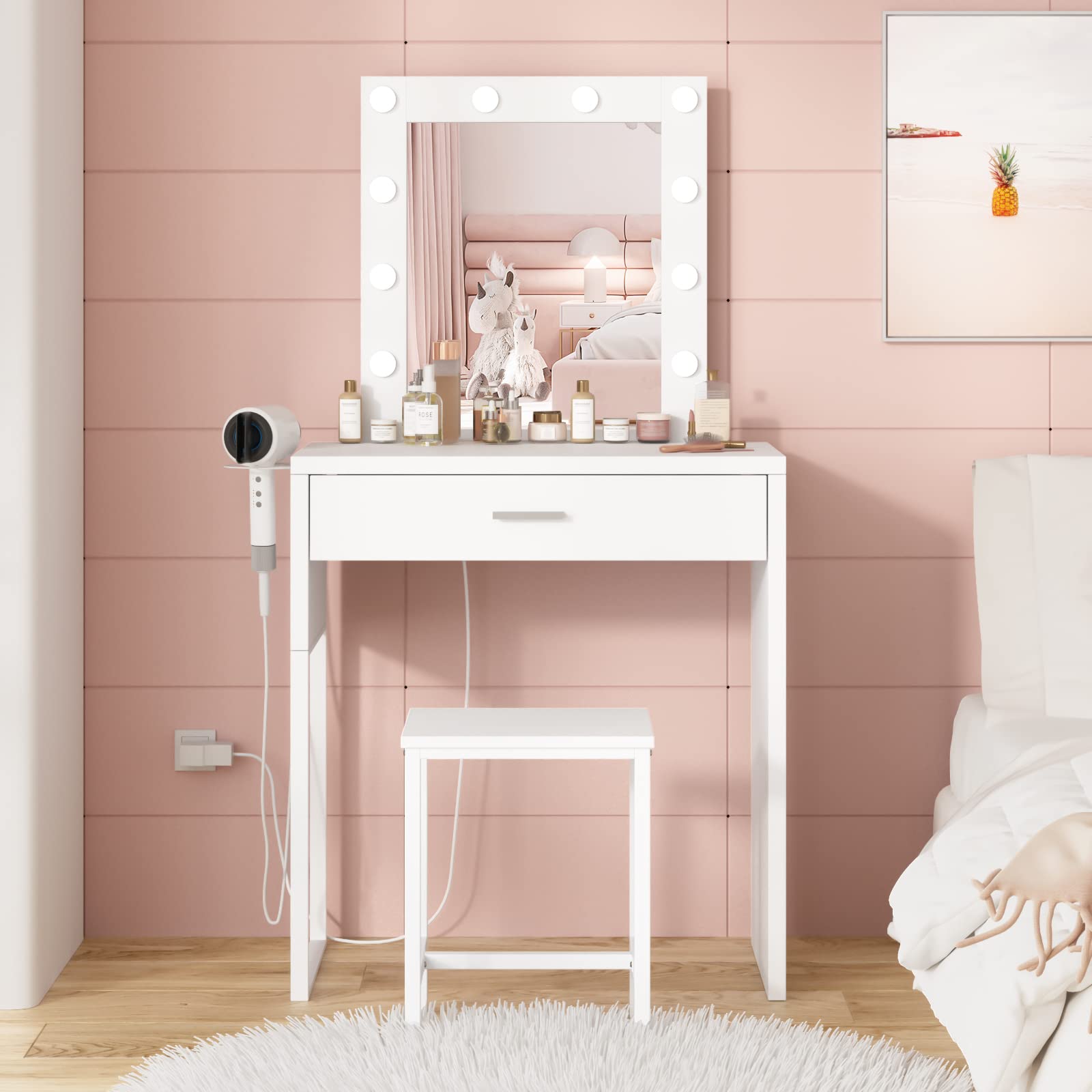 White Makeup Vanity Desk with LED Lights & Mirror - Adjustable Brightness Vanity Table & Chair Set for Girls' Bedroom | Perfect for Beauty Routine, Dressing Area & Small Space Decor