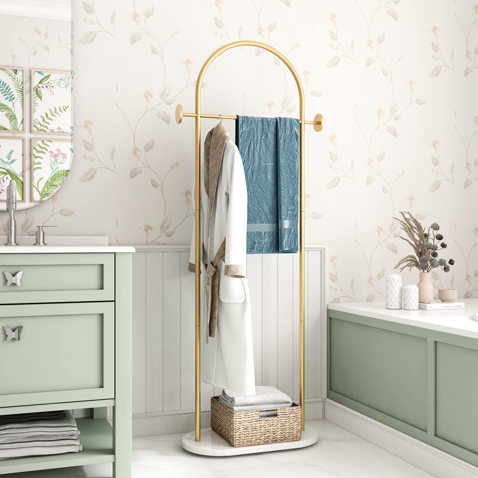 DR.IRON Modern Gold Freestanding Clothes Rack with Shelves - Heavy Duty Coat Hanger Stand with Marble Base & Umbrella Holder for Entryway, Hallway, Office or Bedroom - Perfect for Organizing Jackets, Hats & Accessories in Small Spaces