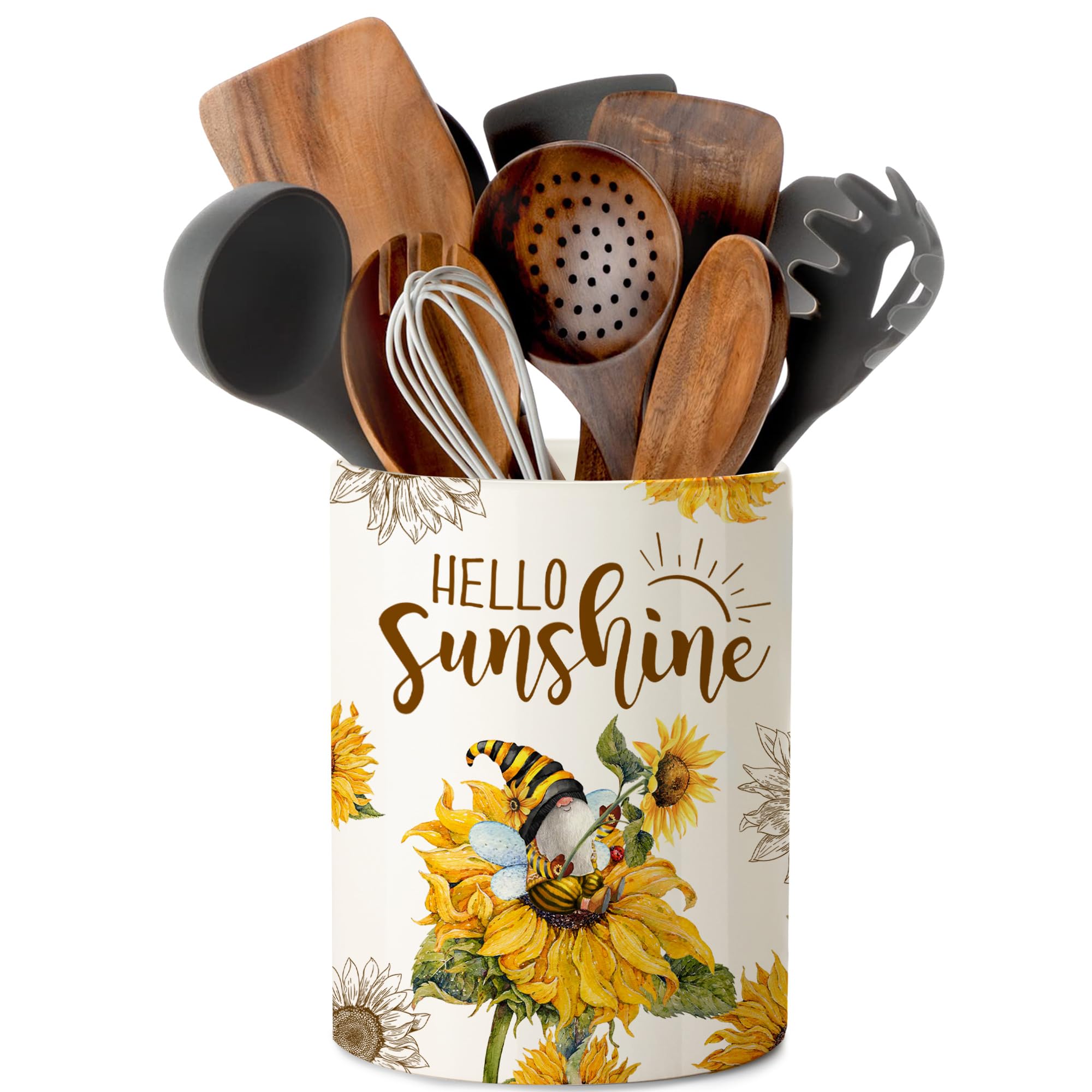 Sunflower Ceramic Utensil Holder - 6.5 Inch Farmhouse Kitchen Decor, Cute Utensil Crock for Spoons & Forks, Perfect for Farmhouse, Cottagecore & Gnome Themed Home Decor - Ideal for Kitchen Counter, Dining Table or Gift Giving