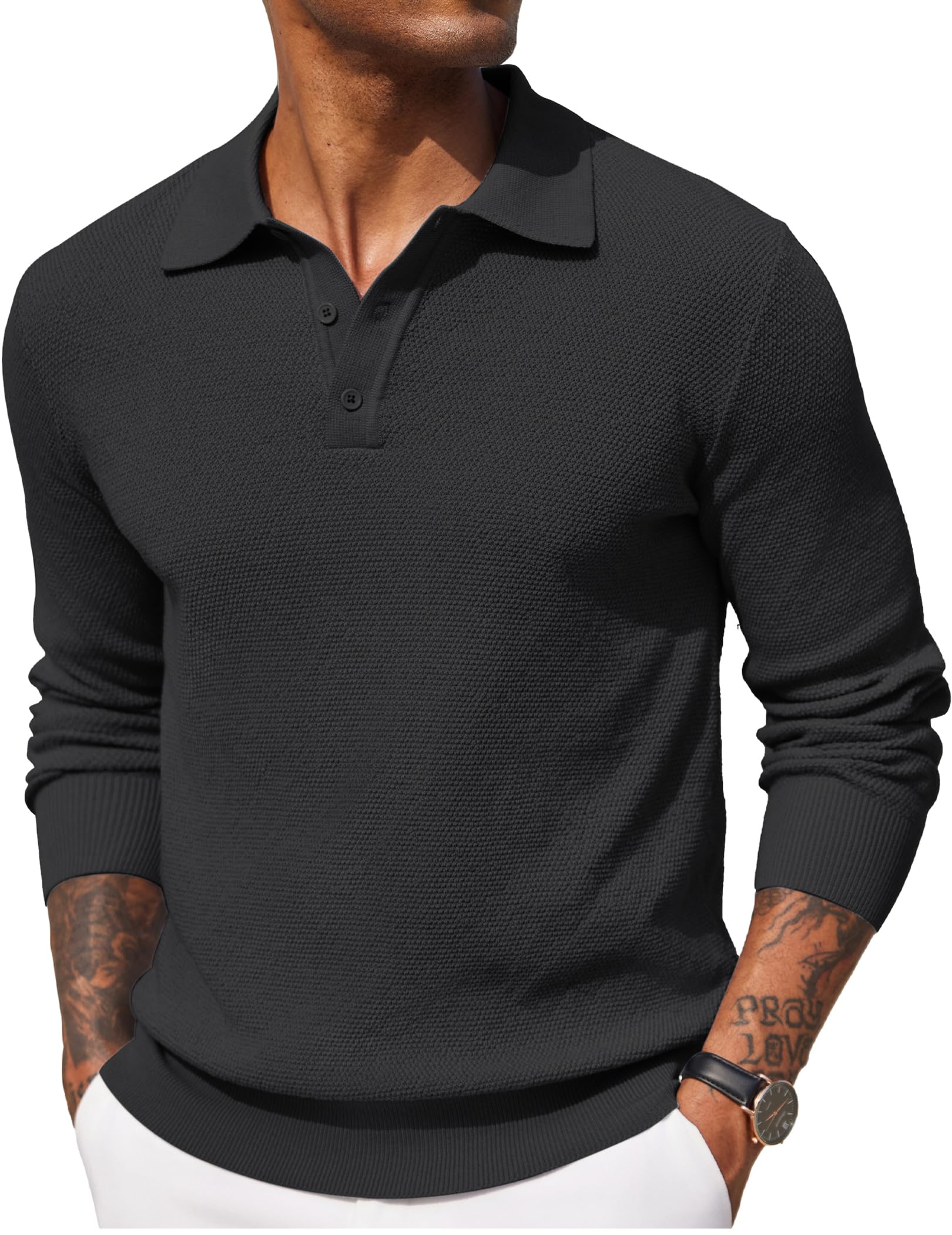 COOFANDY Men's Long Sleeve Knit Polo Shirt - Casual Waffle Textured Collared Sweater for Business & Weekend Wear | Perfect for Office, Date Night & Fall Layering
