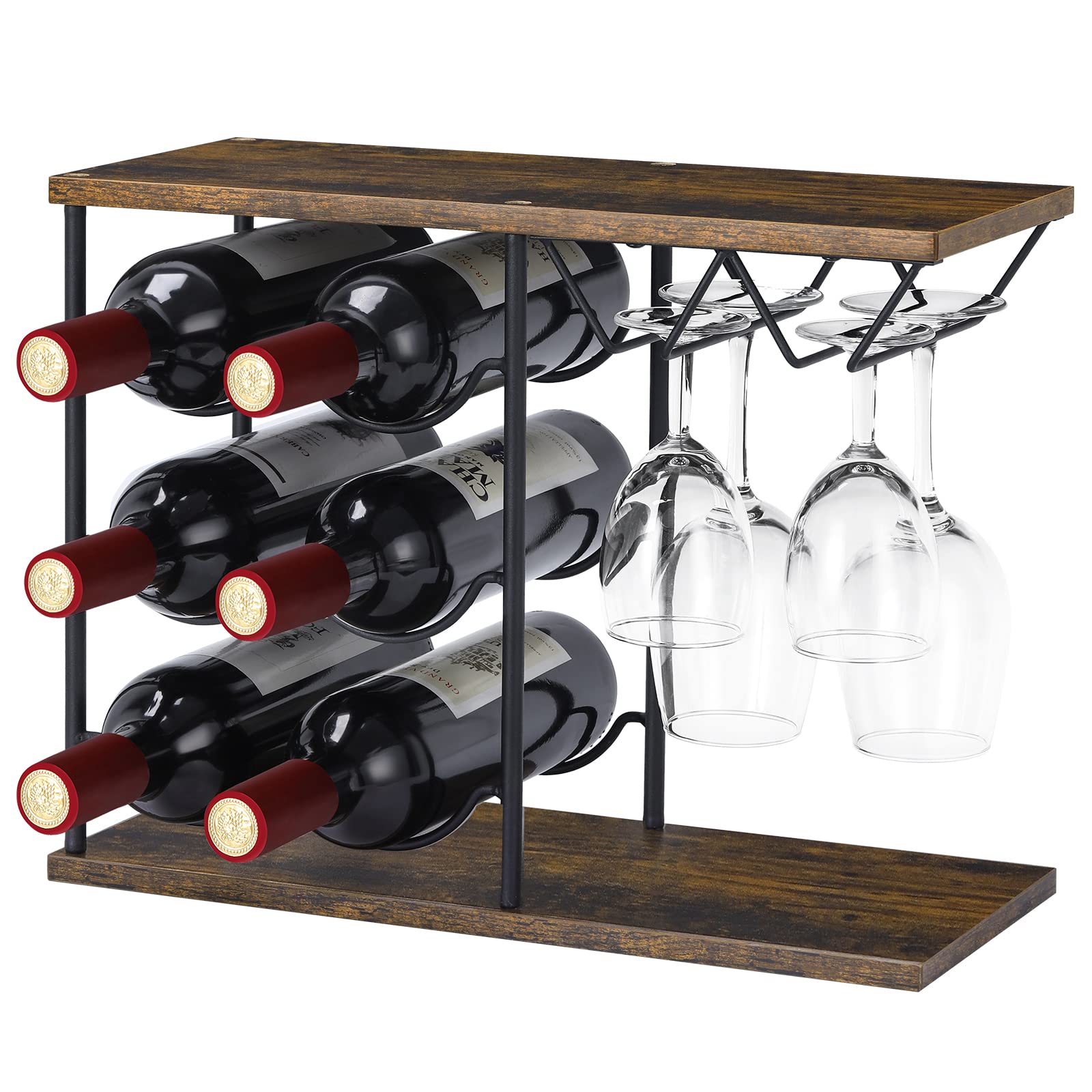 LIANTRAL 6-Bottle & 4-Glass Countertop Wine Rack - Freestanding Wine Holder for Kitchen, Bar, Home, Cabinet or Wine Cellar - Perfect for Small Spaces, Entertaining & Wine Storage Organization