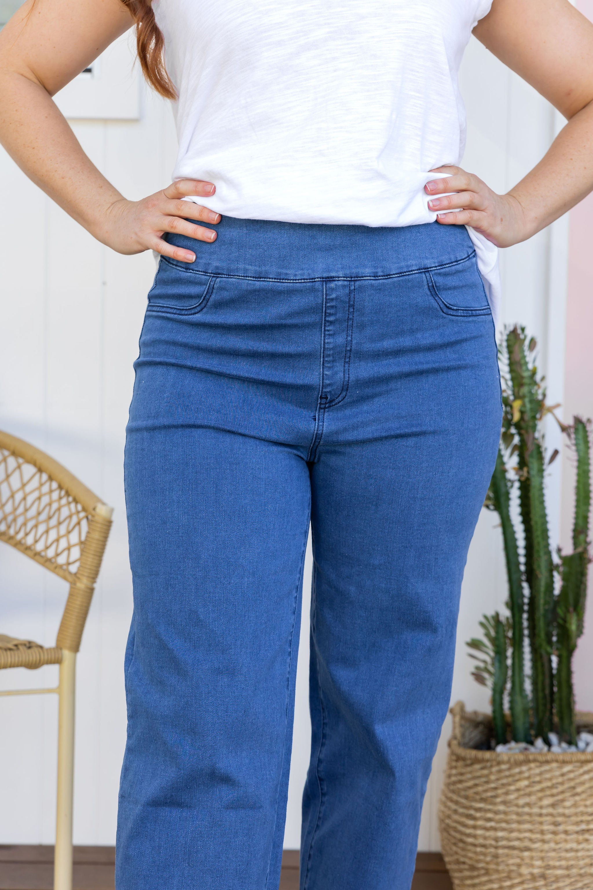 Lara Pull-On Jeans for Women - Mid Blue Denim Stretch Pants - Comfortable & Stylish for Casual Wear, Office, and Travel
