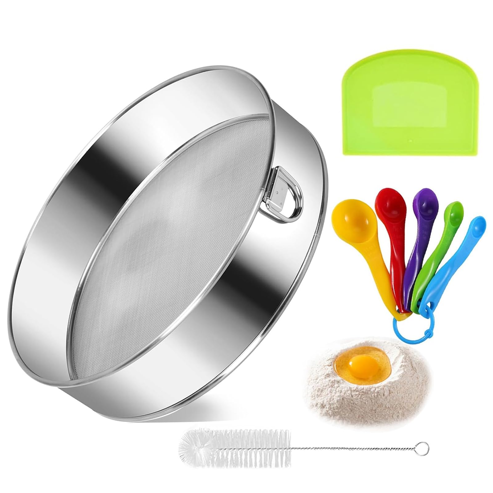 12 Inch Stainless Steel Flour Sifter Tamis - 60 Mesh Fine Sieve for Baking Cakes, Bread & Pastries with Dough Scraper - Perfect Baking Gift for Home Bakers & Cooking Enthusiasts - Ideal for Professional Kitchens & Home Baking