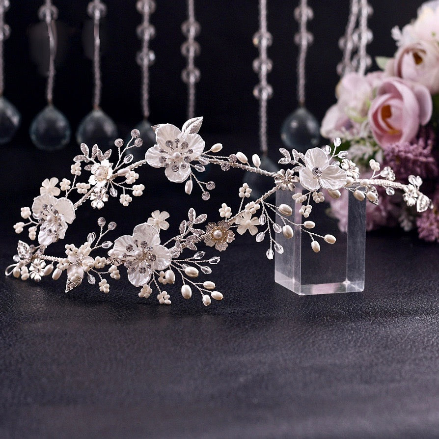 Amandine Silver Pearl and Crystal Bridal Double Headband - Vintage Wedding Hair Vine for Brides, Bridesmaids, and Prom - Perfect for Boho, Beach, and Garden Weddings