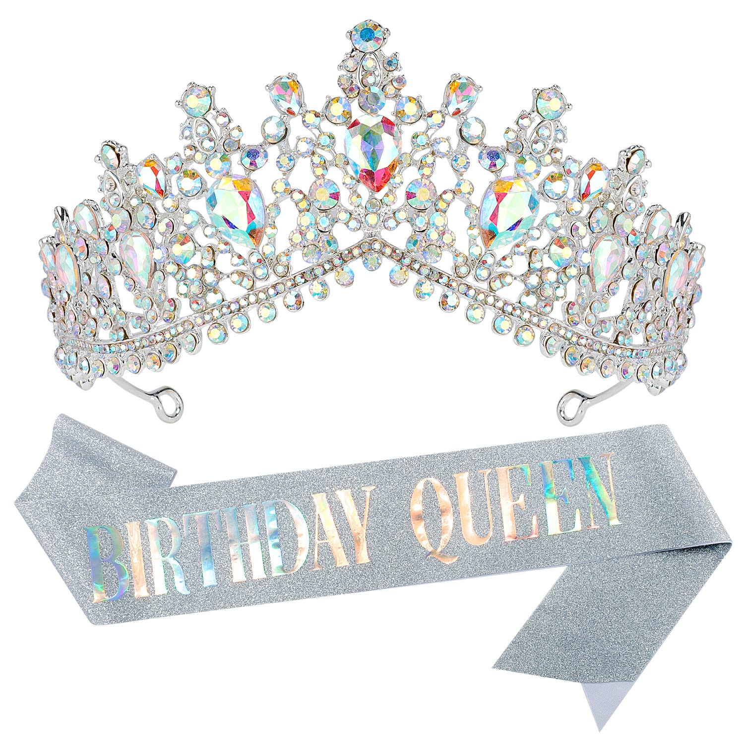 Birthday Crowns & Tiaras for Women - Elegant Birthday Sash Set with AB Color Crystals, Queen Birthday Party Accessories & Decorations - Perfect for Bachelorette Parties, Birthday Celebrations & Special Events
