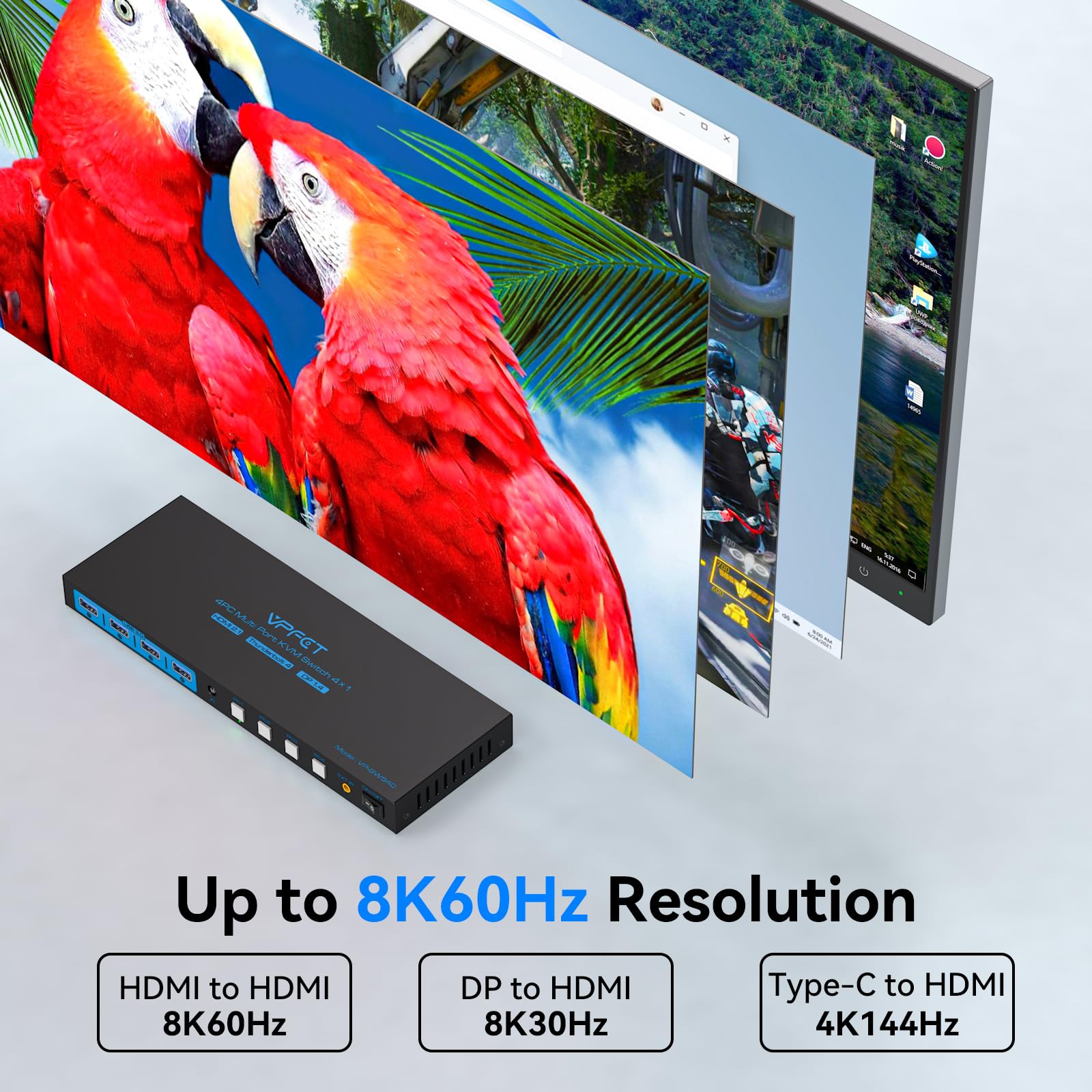 AILVLVNG 4K 144Hz KVM Switch 4 Port - USB 3.0, DisplayPort, 2 HDMI & USB-C - Control 4 Computers with 1 Monitor & Keyboard/Mouse | Perfect for Gaming, Office & Multi-Tasking Setup