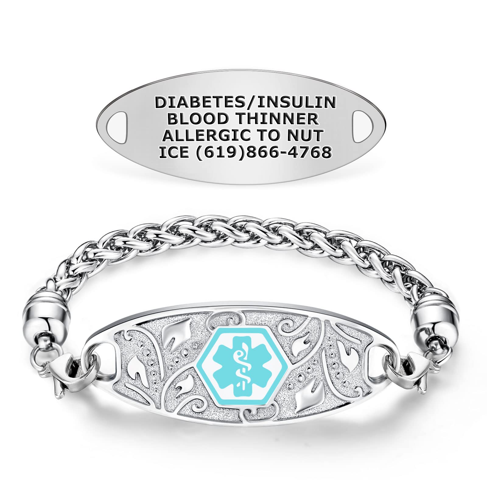 Divoti Custom Engraved Medical Alert Bracelets for Women - Stainless Steel Medical ID Bracelet with Free Engraving - Elegant Filigree Wheat Design - Perfect for Diabetes, Allergies & Emergency Identification (Choose Color/Size)
