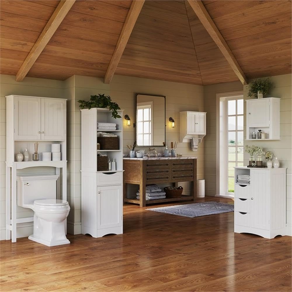 RiverRidge White Ashland Freestanding Bathroom Storage Cabinet with 3 Open Shelves & Drawer - Perfect for Organizing Towels, Toiletries & Bathroom Essentials in Small Spaces