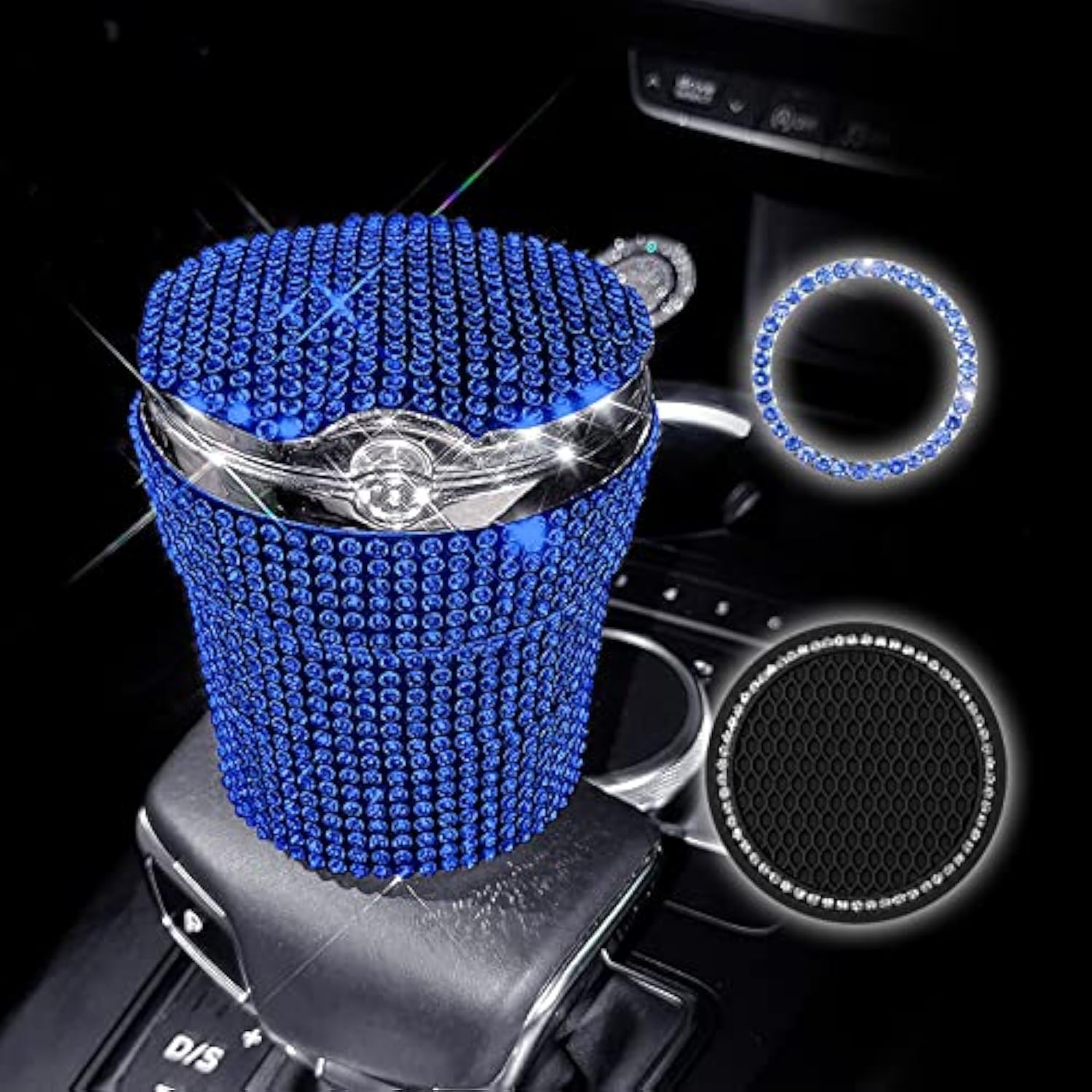 Premium Stainless Steel Car Ashtray with Lid & Blue LED Light - Smokeless Vehicle Cigarette Holder for Cup Holder - Ideal for Car, Home & Office Use (Blue)