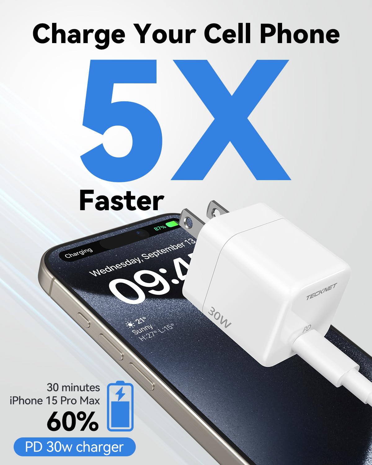 TECKNET 30W USB C Fast Charger Block, Mini Foldable Plug PD Wall Charger with 5FT Type-C Cable - Compatible with iPhone 15/16 Series, Pixel, Galaxy, iPad - Perfect for Travel, Office & Home Charging