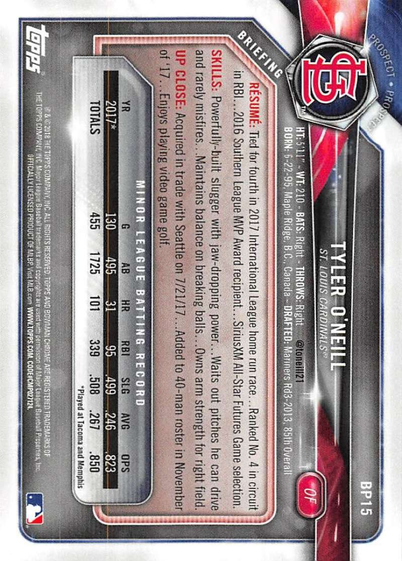 2018 Bowman Prospects #BP15 Tyler O'Neill St. Louis Cardinals Baseball Card - Rookie Card for Collectors, Sports Memorabilia & Investment - Perfect for Display, Trading & Gift Giving