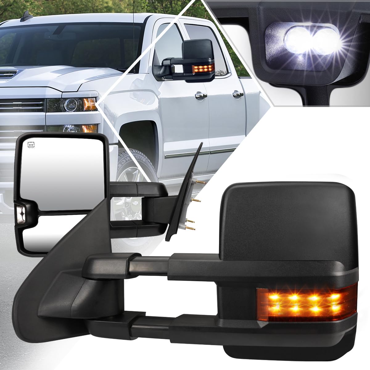 Pair of Power Heated Towing Mirrors with Amber LED Turn Signal - Compatible with Chevy Silverado & GMC Sierra 2014-2017 (Black) | Enhanced Visibility for Winter Driving & Towing Trailers