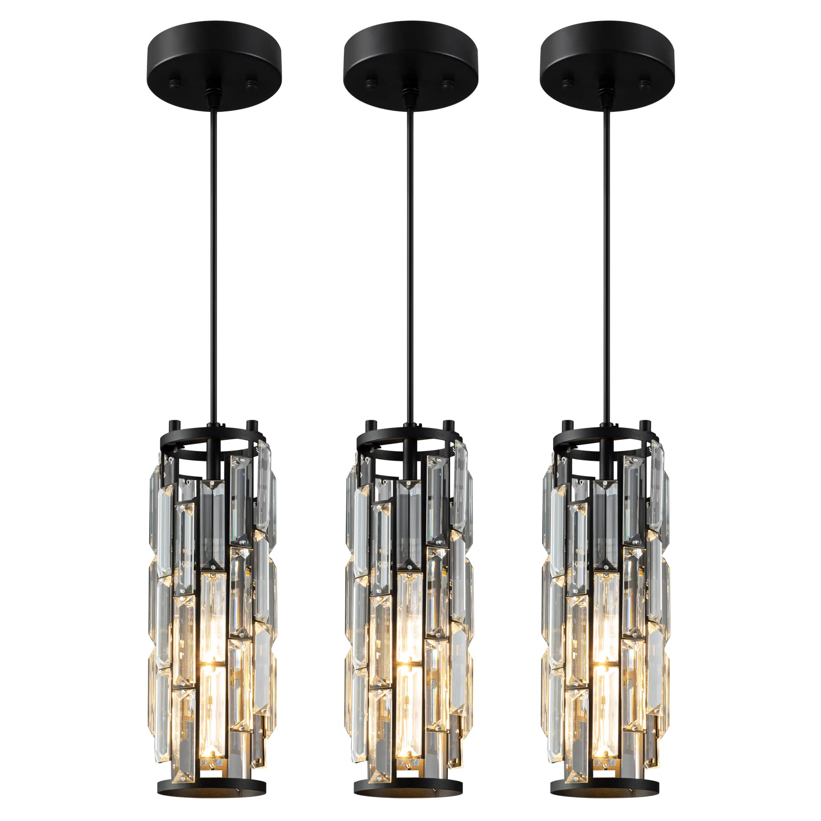 LMQNINE Modern Black Mini Crystal Chandelier Pendant Lights - 3 Pack, Elegant Hanging Lighting Fixture for Kitchen Island, Dining Room, Bedroom, Bathroom & Kitchen Sink - Perfect for Home Decor and Interior Design