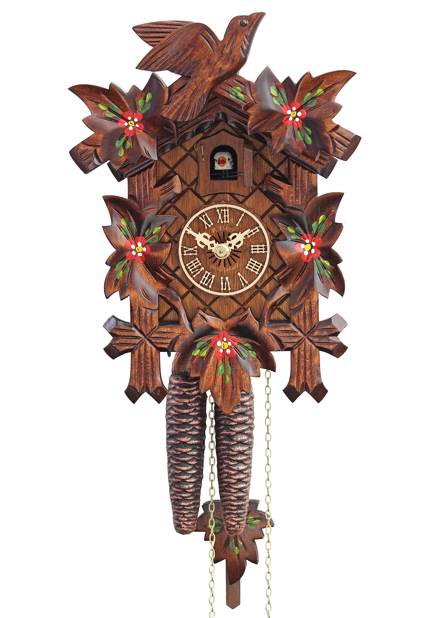 Handmade German Cuckoo Clock with Spring Flowers Design - Traditional Wooden Wall Clock for Home & Office Decor