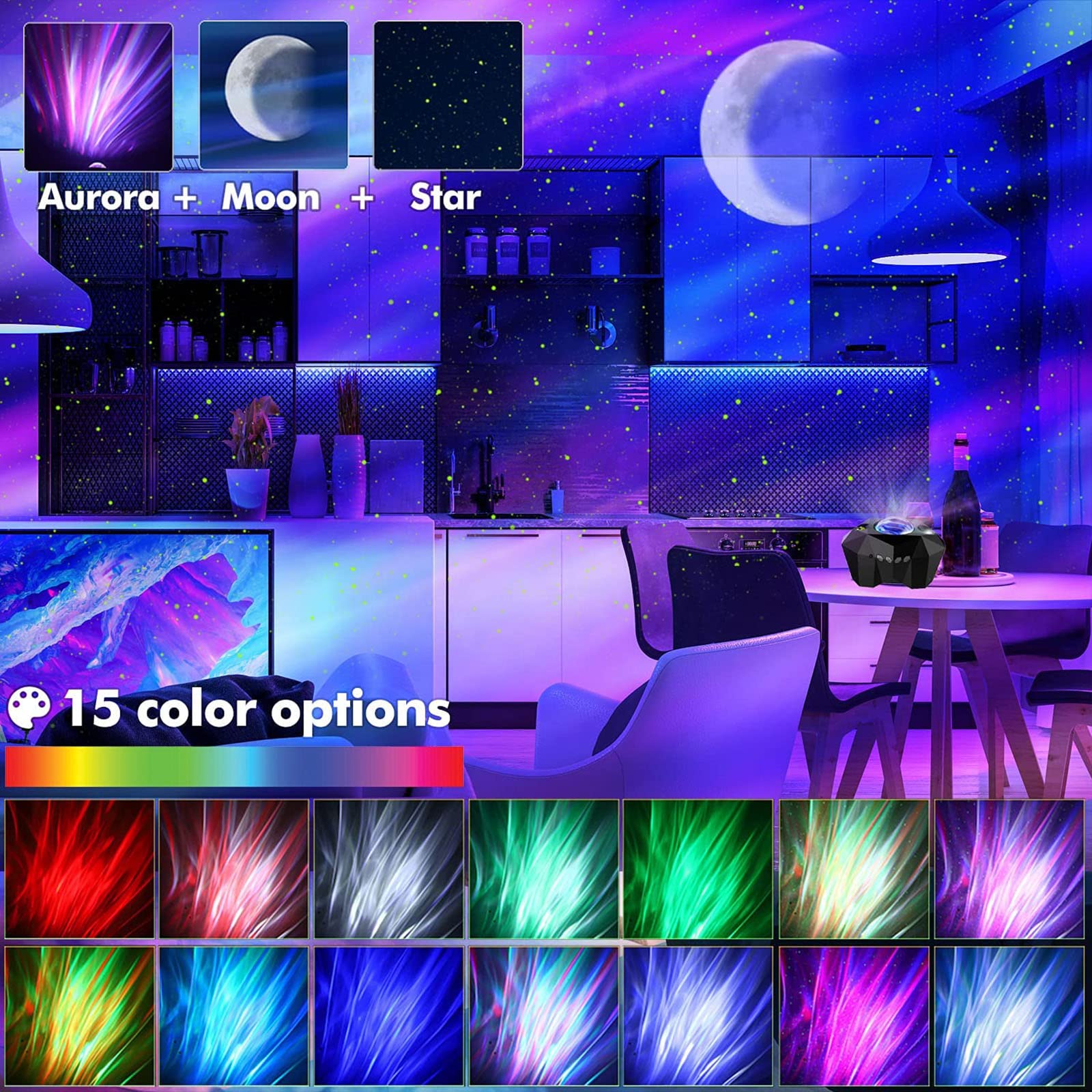 DENZED Ambient Light Aurora Galaxy Projector with Moon & Stars - Bluetooth Speaker Night Light for Bedroom, Gaming Room, Home Theater | Create Relaxing Atmosphere for Sleep, Meditation & Romantic Nights