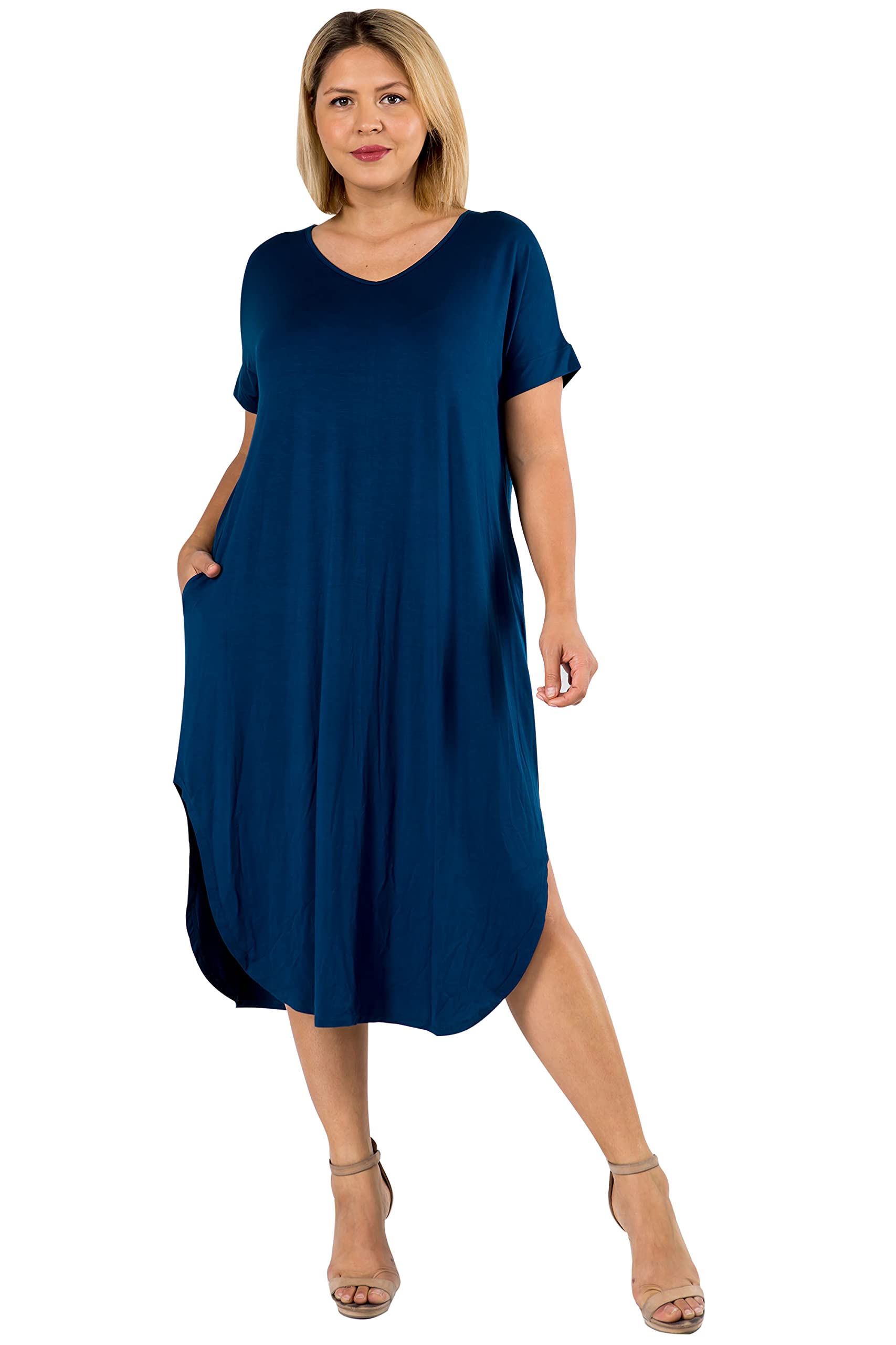 YELETE Women's Striped Curved Hem Midi Dress with Pockets - Flowy Summer Casual Dress for Beach, Vacation & Everyday Wear