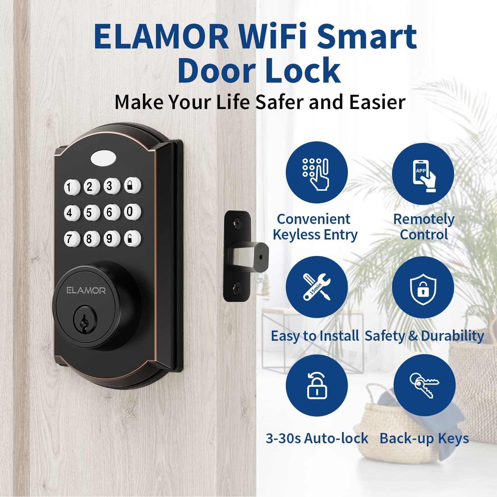 WiFi Smart Lock for Front Door - Keyless Entry, Remote Unlock & Voice Control | Easy to Install Electronic Deadbolt | Secure Smart Home Access for Houses & Apartments | Perfect for Vacation Rentals & Airbnb Properties