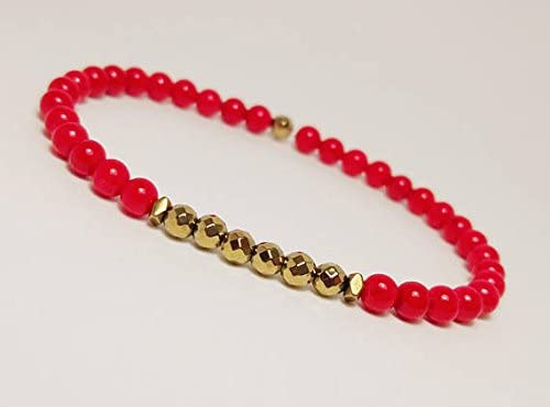 Men's & Women's 4mm Natural Red Jadeite Pyrite Hematite Beaded Bracelet - Healing Energy Stone Jewelry for Meditation, Yoga & Spiritual Wellness