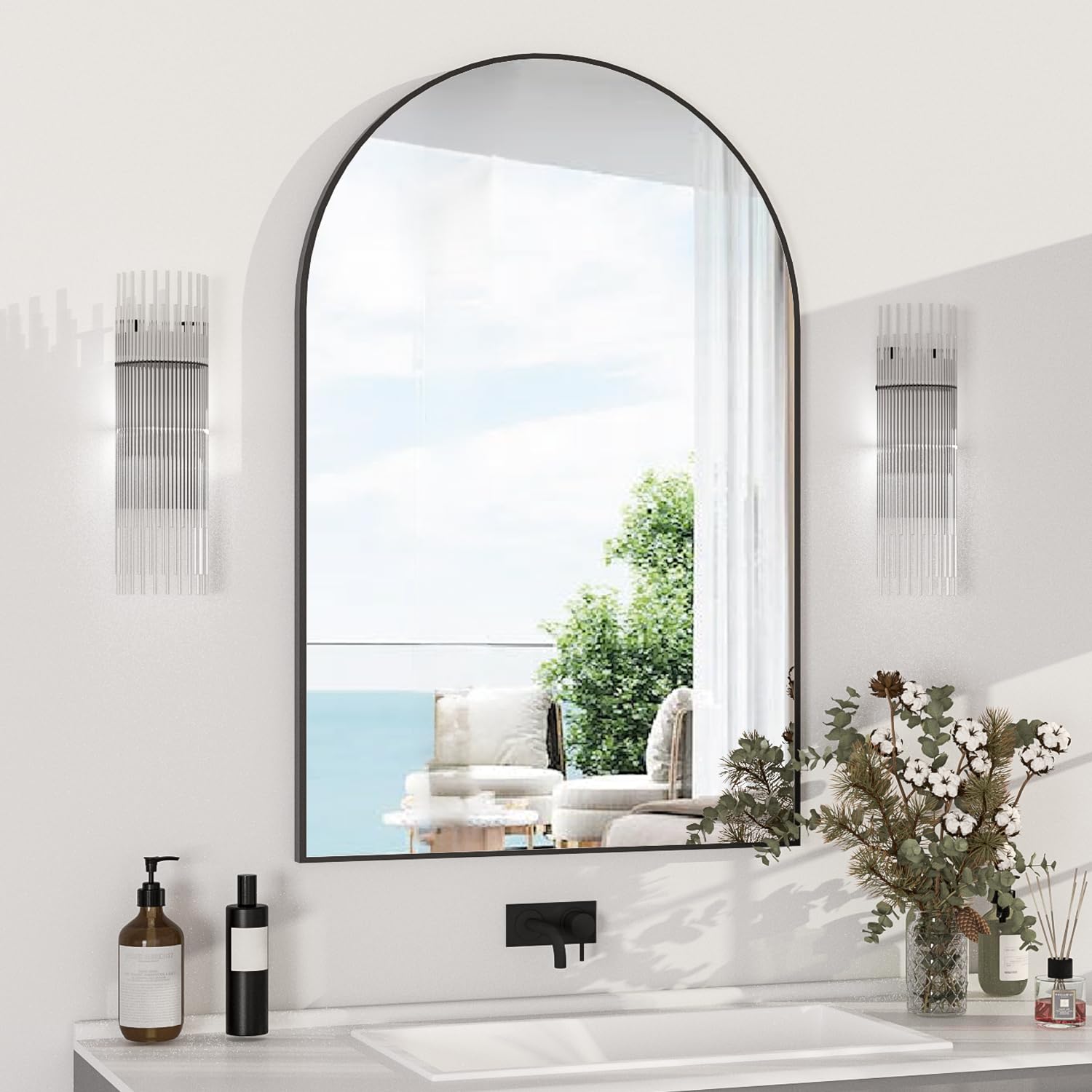 NEUWEABY 20x30 Inch Arched Wall Mirror - Black Metal Frame Bathroom Vanity Mirror for Mantle, Bedroom, Entryway & Living Room Decor | Perfect for Home Decor, Makeup Application & Space Enhancement