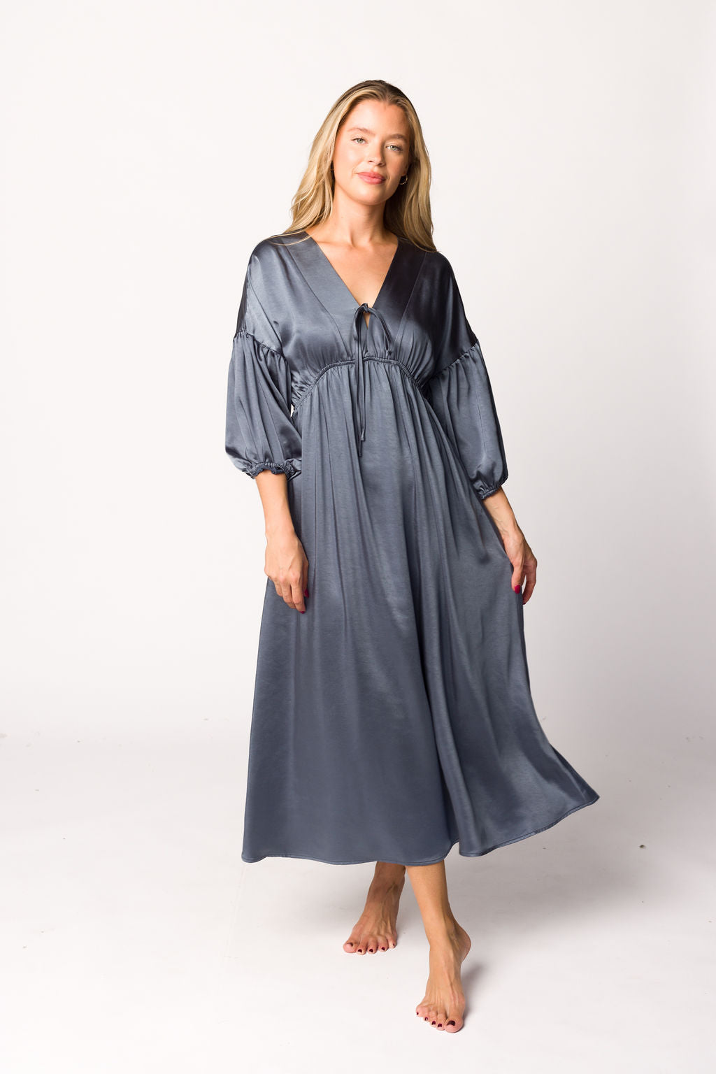 Hunter Premium Satin Midi Dress in Blue Granite - Bump Friendly Maternity Dress for Women | Elegant & Comfortable for Pregnancy, Baby Showers, Weddings & Special Occasions