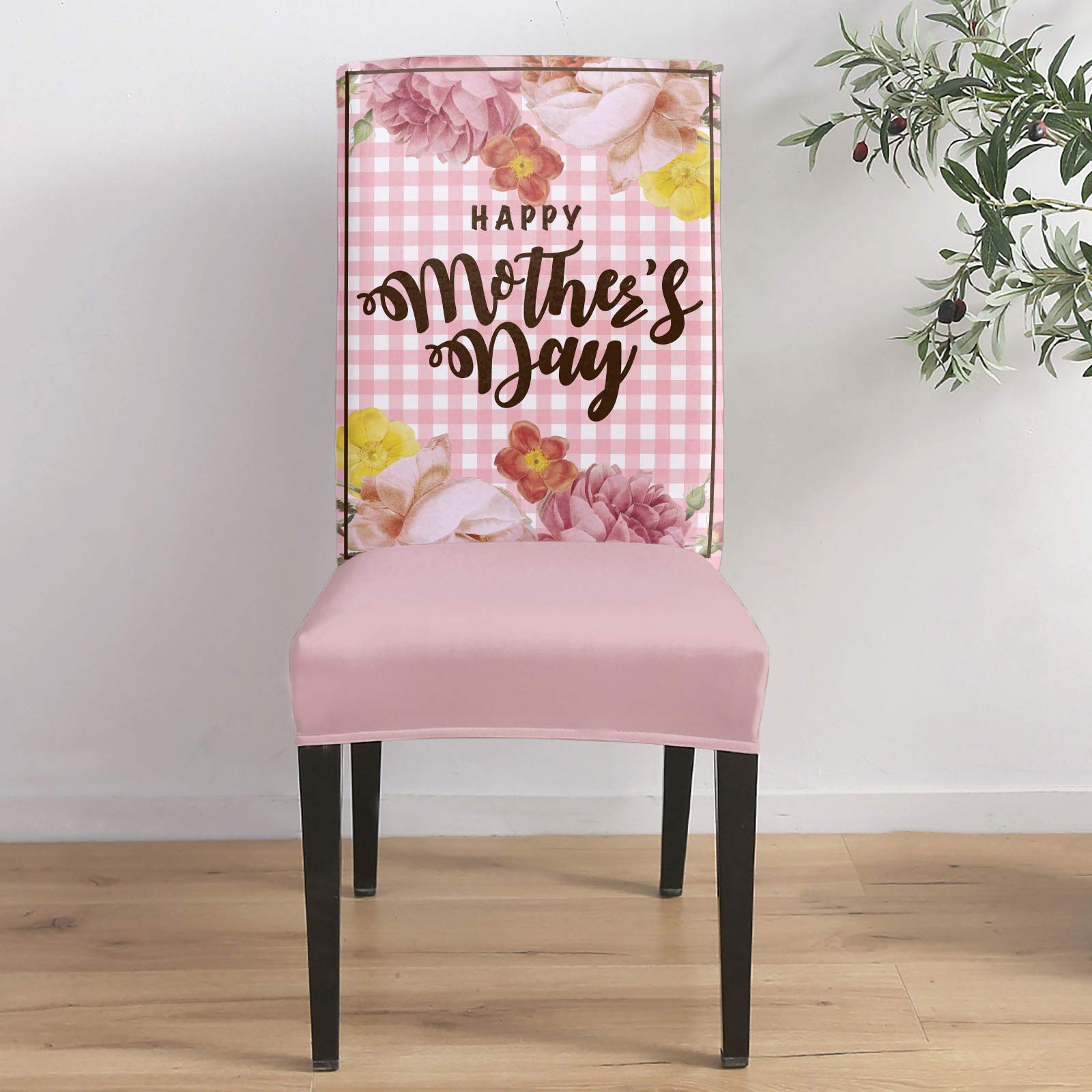 Happy Mother's Day Gift - 8 Pack Floral Pink Buffalo Check Stretch Dining Chair Covers | Washable Slipcovers for Kitchen, Restaurant & Party Decor | Perfect for Home, Wedding & Holiday Gatherings