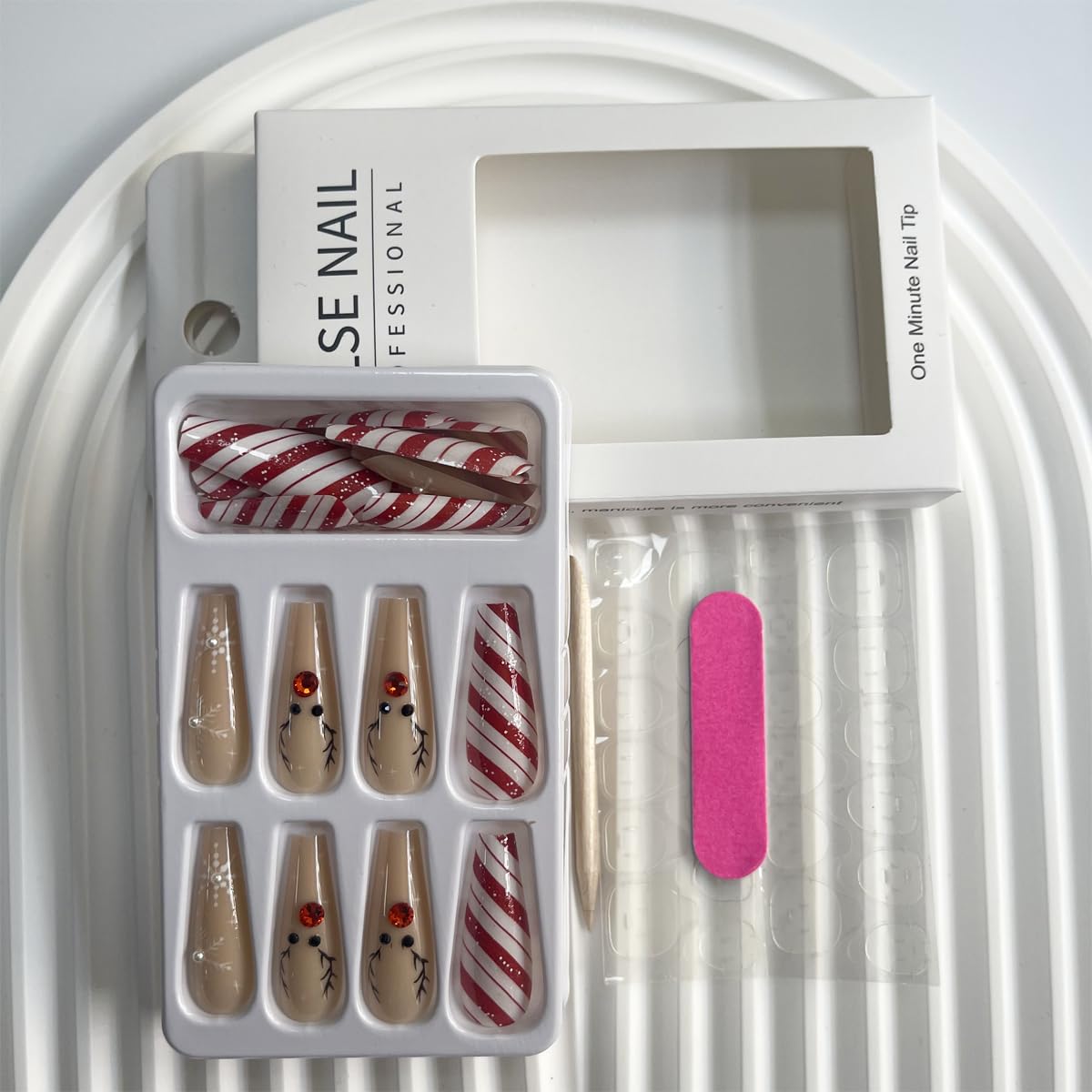 Christmas Press on Nails Long Coffin Fake Nails - Red White Swirl Snowflake Elk Design with Rhinestones & Glitter - 24Pcs Full Cover Acrylic Stick on False Nails for Women - Perfect for Holiday Parties, Gift Giving & Festive Manicures