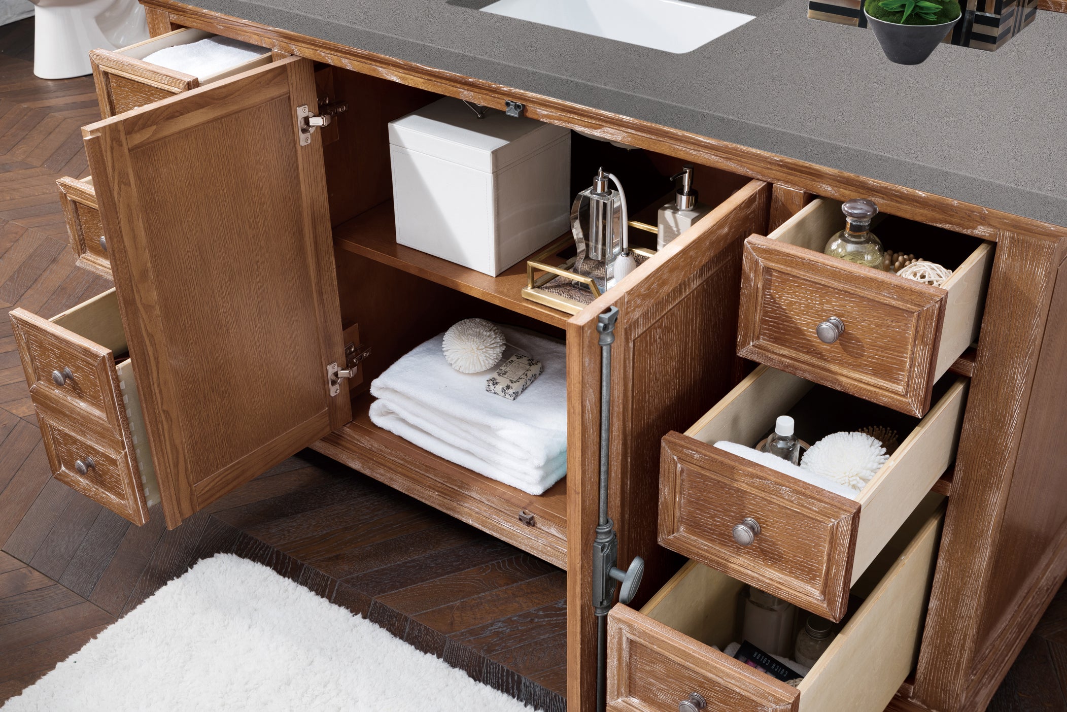 Providence 60 Inch Single Bathroom Vanity Cabinet in Driftwood Finish with 3CM Grey Expo Quartz Countertop - Perfect for Modern Master Bathrooms and Guest Bath Remodels